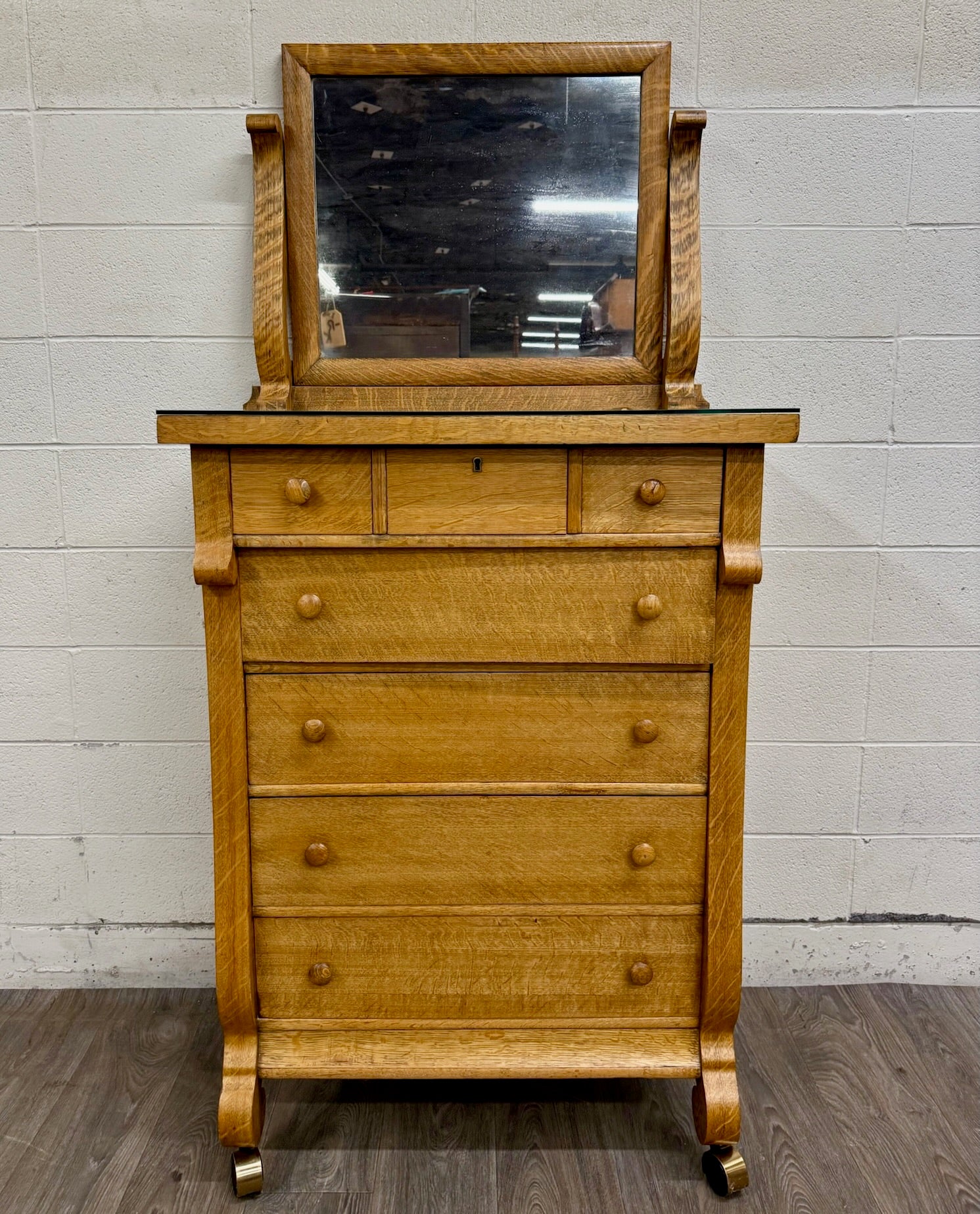 Antique American Empire Revival Oak Highboy Dresser Chest of Drawers with Mirror