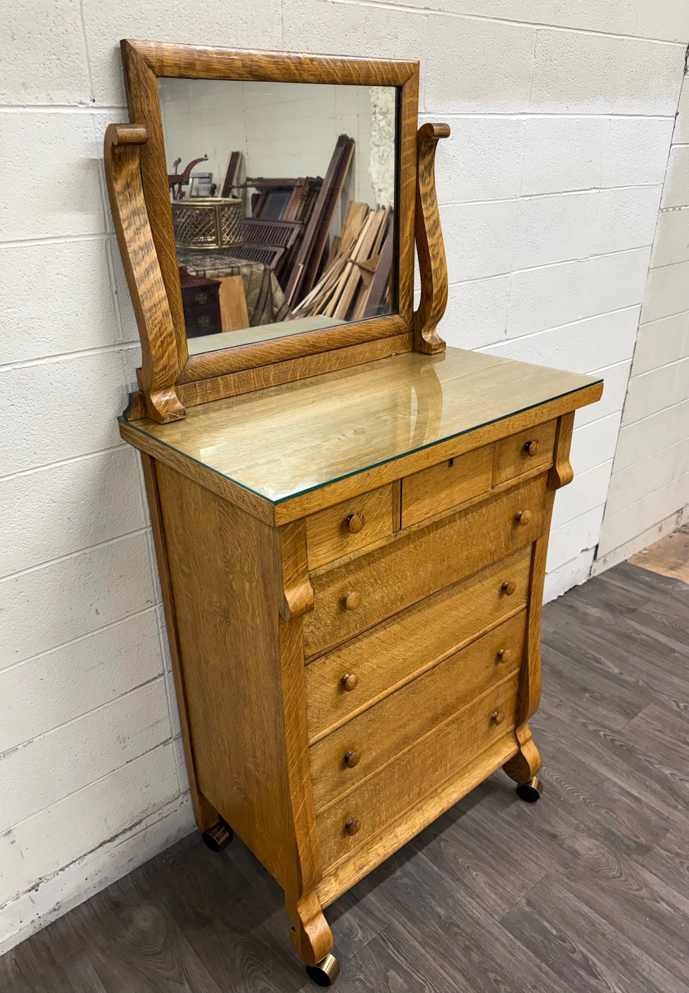 Antique American Empire Revival Oak Highboy Dresser Chest of Drawers with Mirror