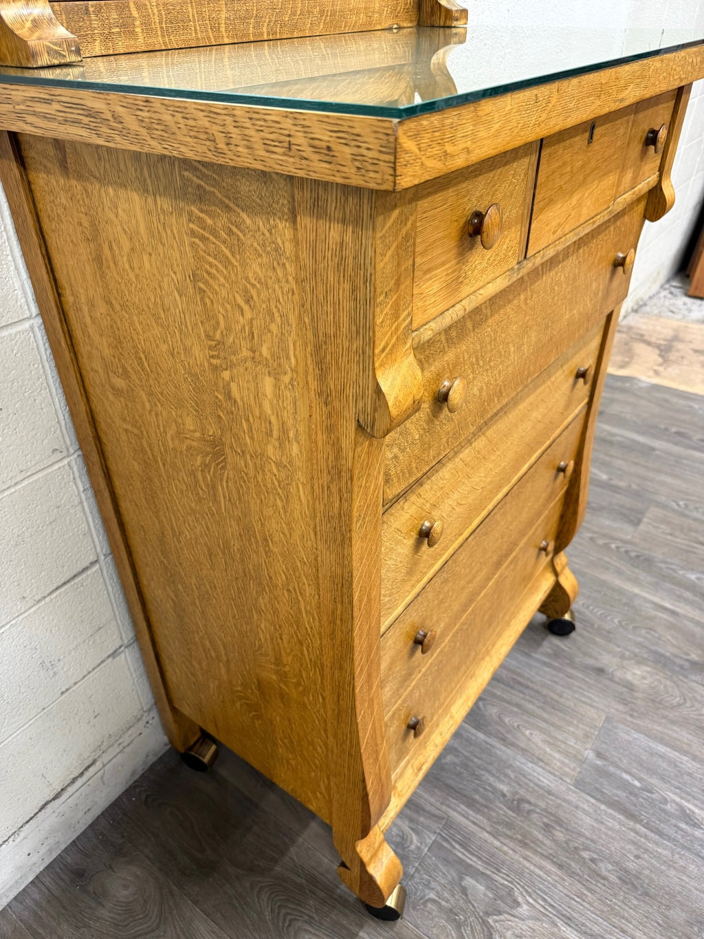 Antique American Empire Revival Oak Highboy Dresser Chest of Drawers with Mirror