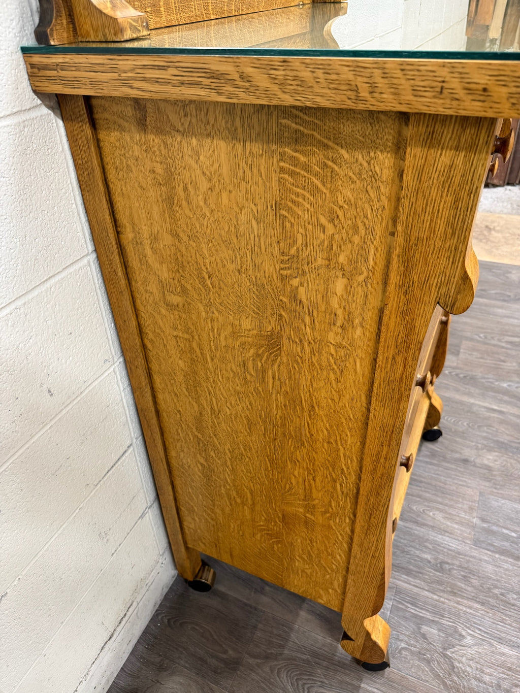 Antique American Empire Revival Oak Highboy Dresser Chest of Drawers with Mirror