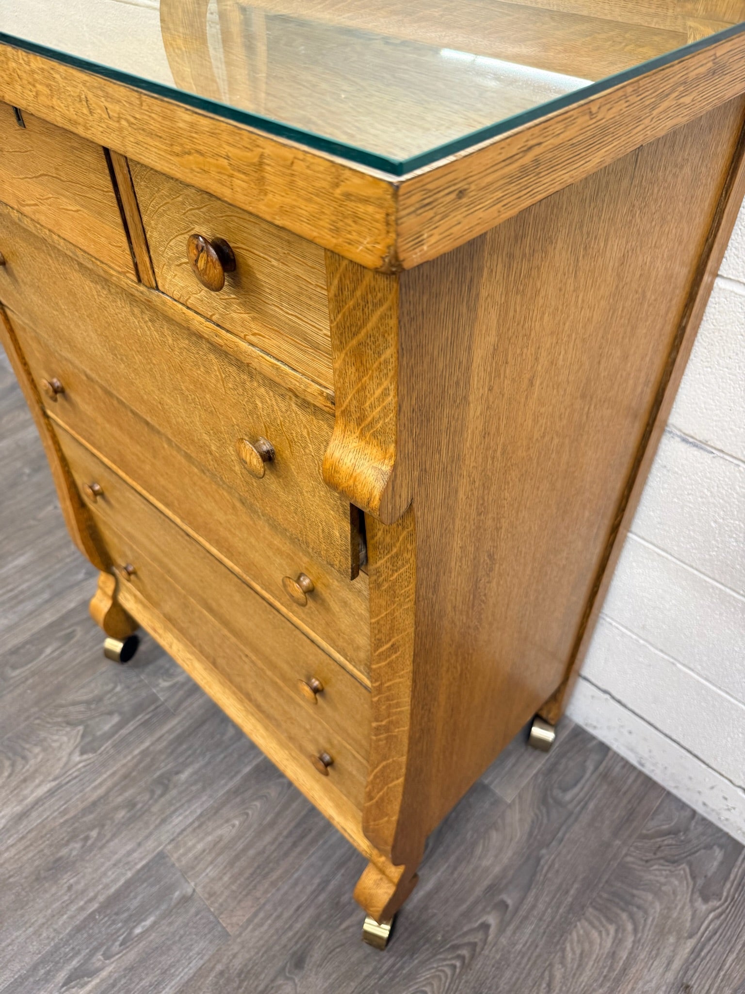 Antique American Empire Revival Oak Highboy Dresser Chest of Drawers with Mirror
