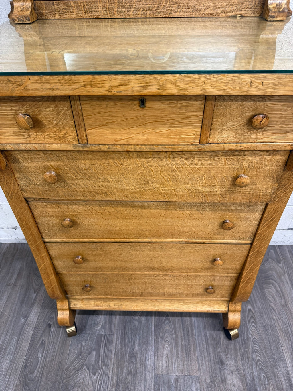 Antique American Empire Revival Oak Highboy Dresser Chest of Drawers with Mirror