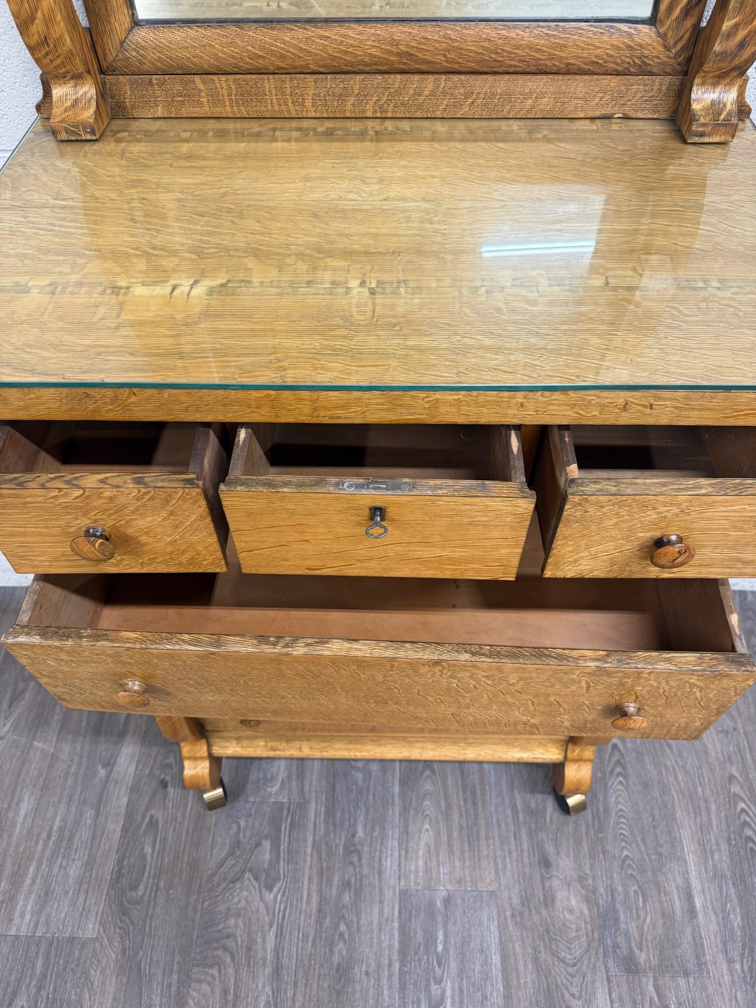 Antique American Empire Revival Oak Highboy Dresser Chest of Drawers with Mirror