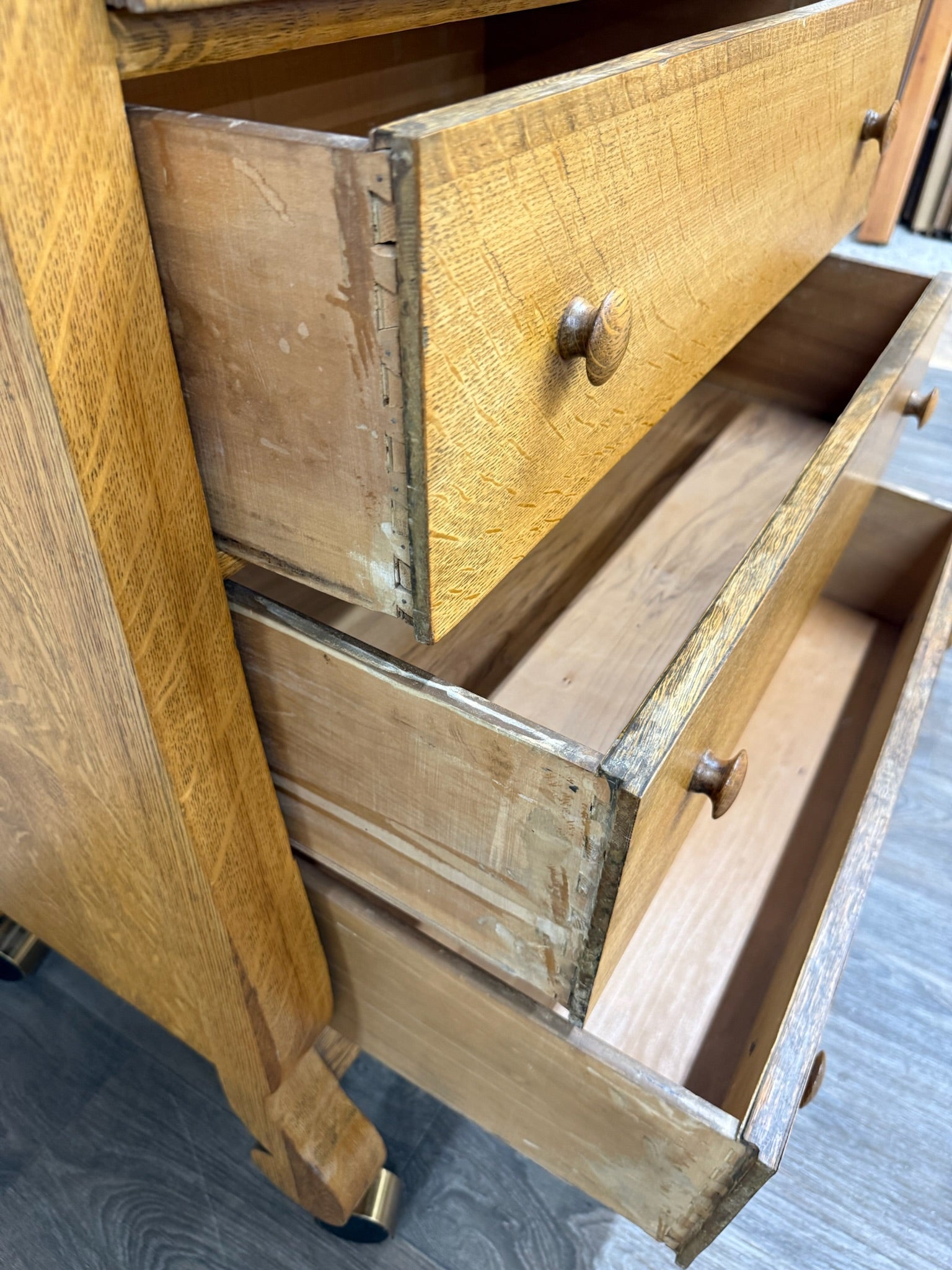 Antique American Empire Revival Oak Highboy Dresser Chest of Drawers with Mirror