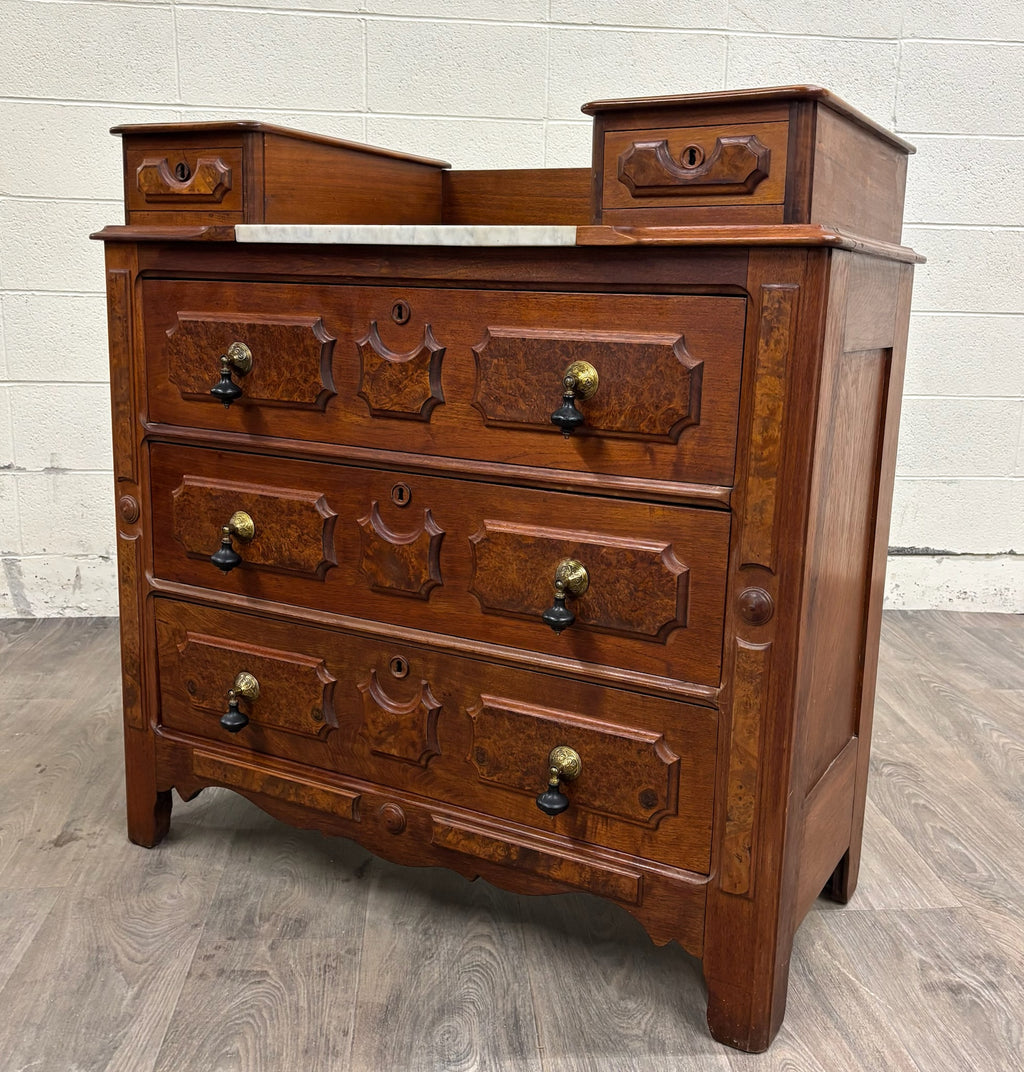 Antique Victorian Eastlake Burled Wood Marble Inlay Gentleman’s Dresser Commode