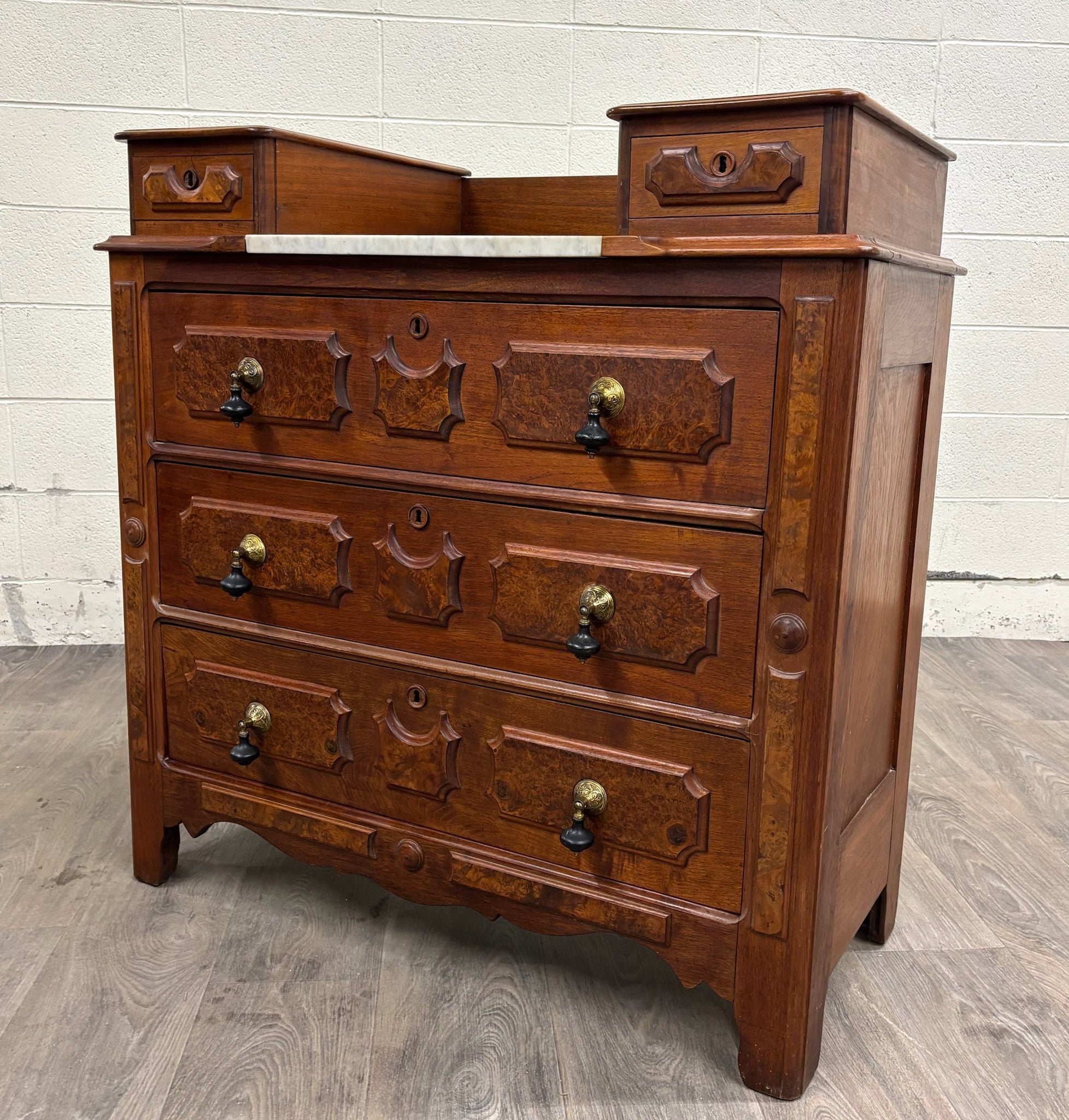 Antique Victorian Eastlake Burled Wood Marble Inlay Gentleman’s Dresser Commode