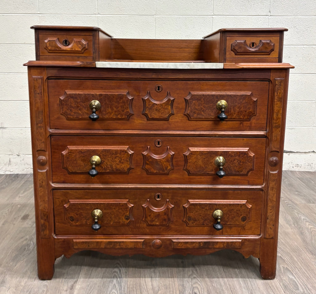 Antique Victorian Eastlake Burled Wood Marble Inlay Gentleman’s Dresser Commode