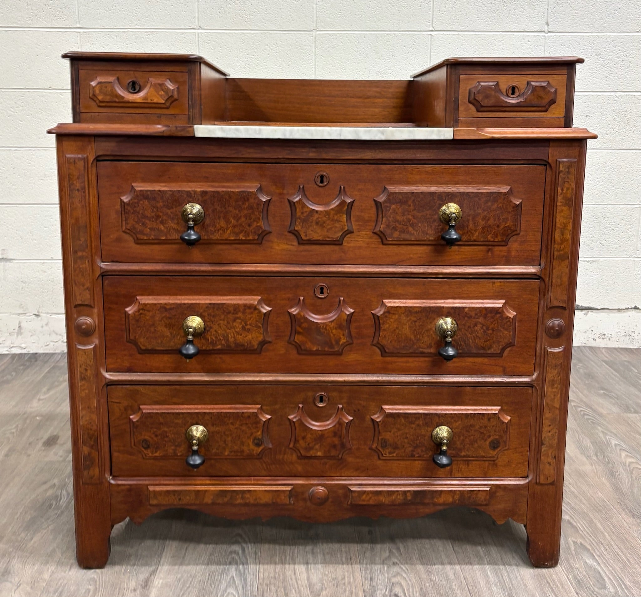 Antique Victorian Eastlake Burled Wood Marble Inlay Gentleman’s Dresser Commode