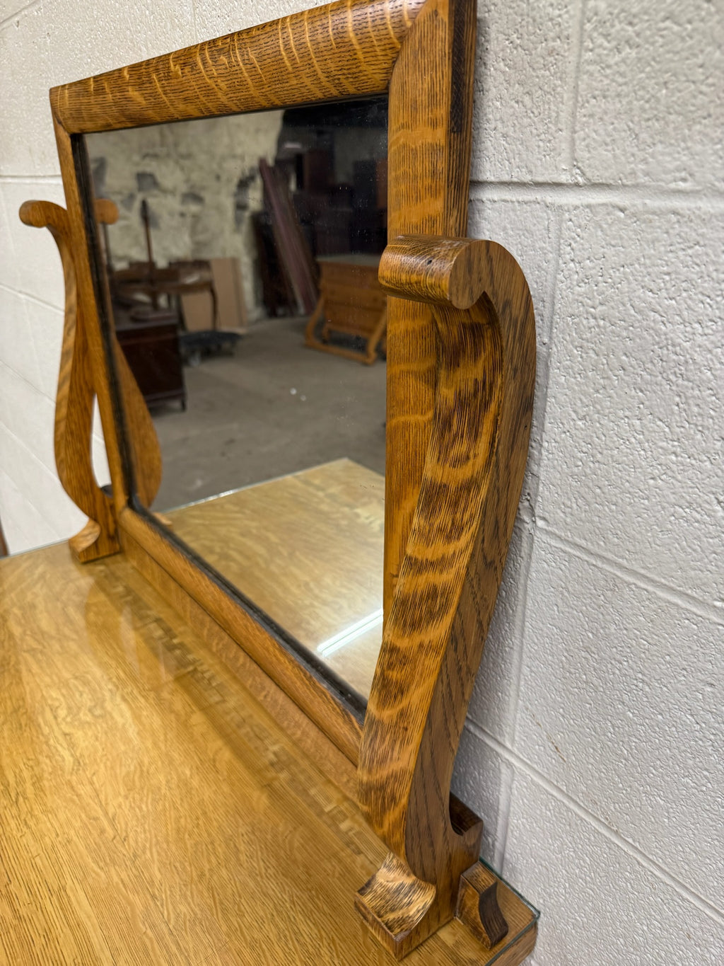Antique American Empire Revival Oak Highboy Dresser Chest of Drawers with Mirror