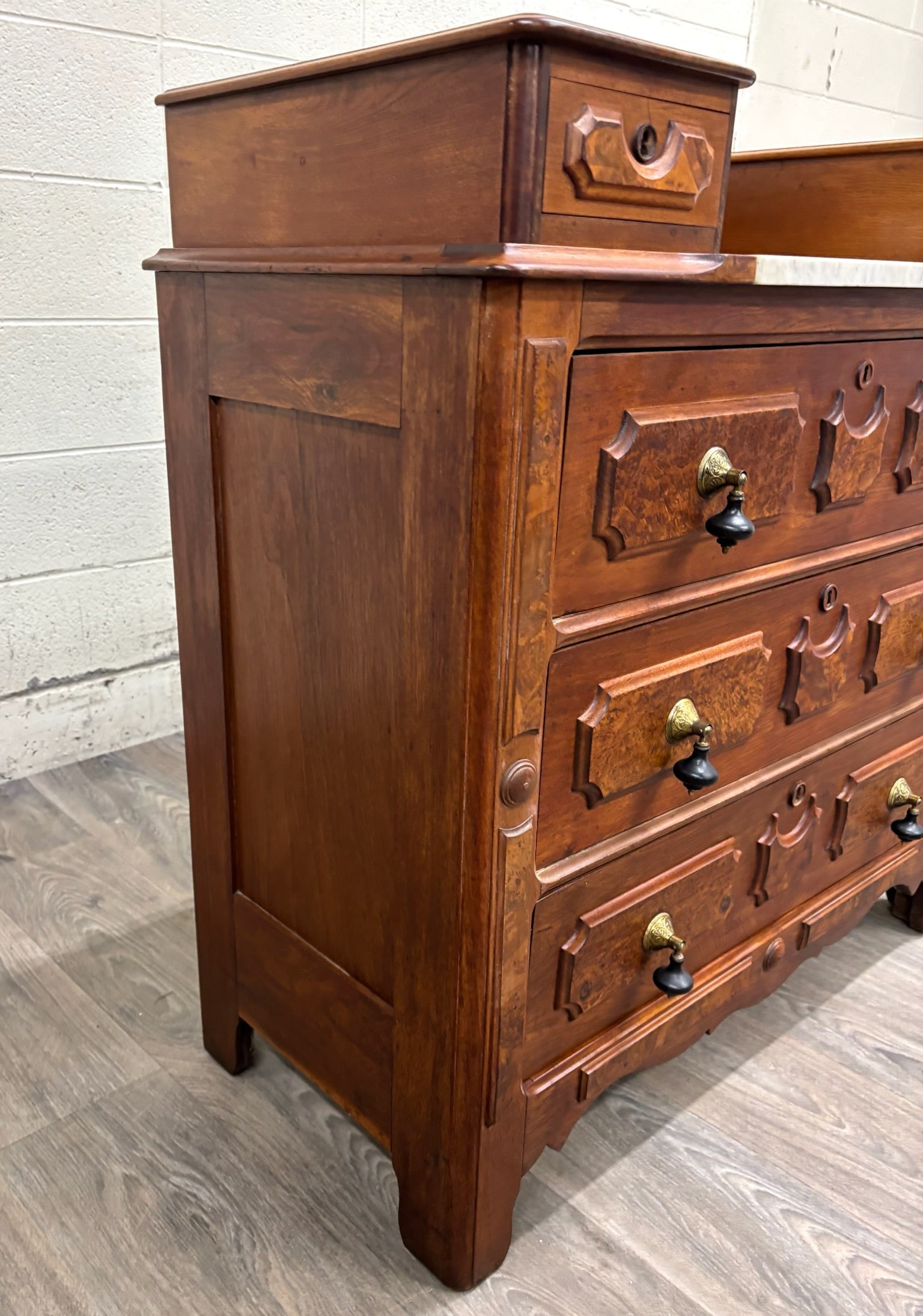 Antique Victorian Eastlake Burled Wood Marble Inlay Gentleman’s Dresser Commode