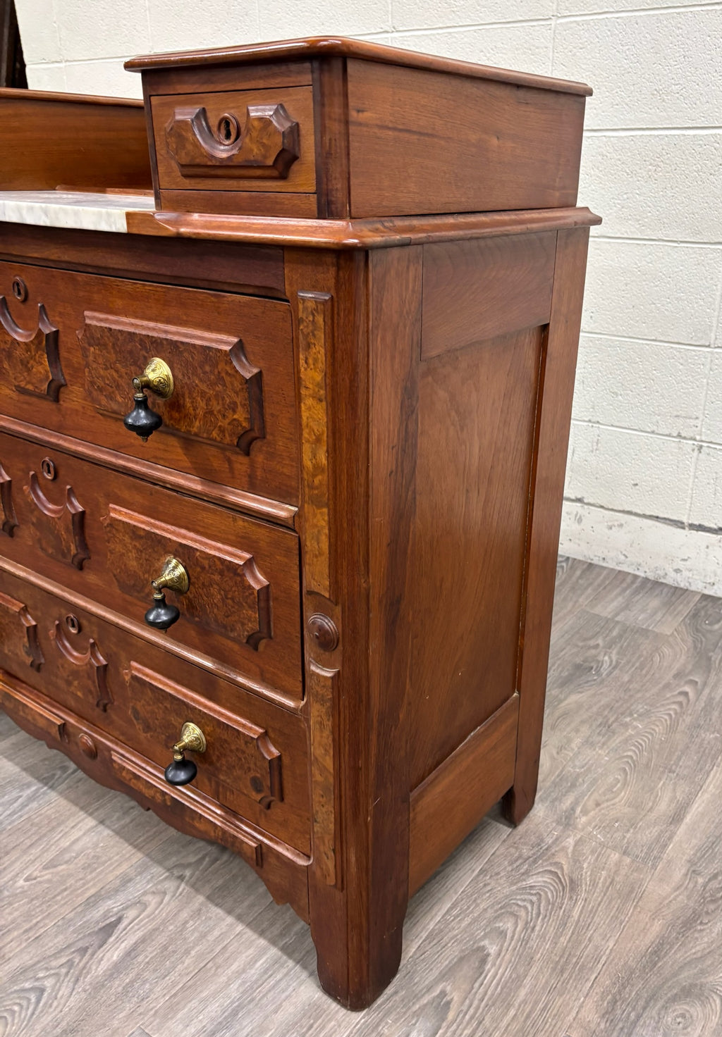 Antique Victorian Eastlake Burled Wood Marble Inlay Gentleman’s Dresser Commode
