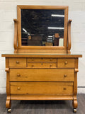 Antique American Empire Revival Oak Lowboy Dresser Chest of Drawers with Mirror