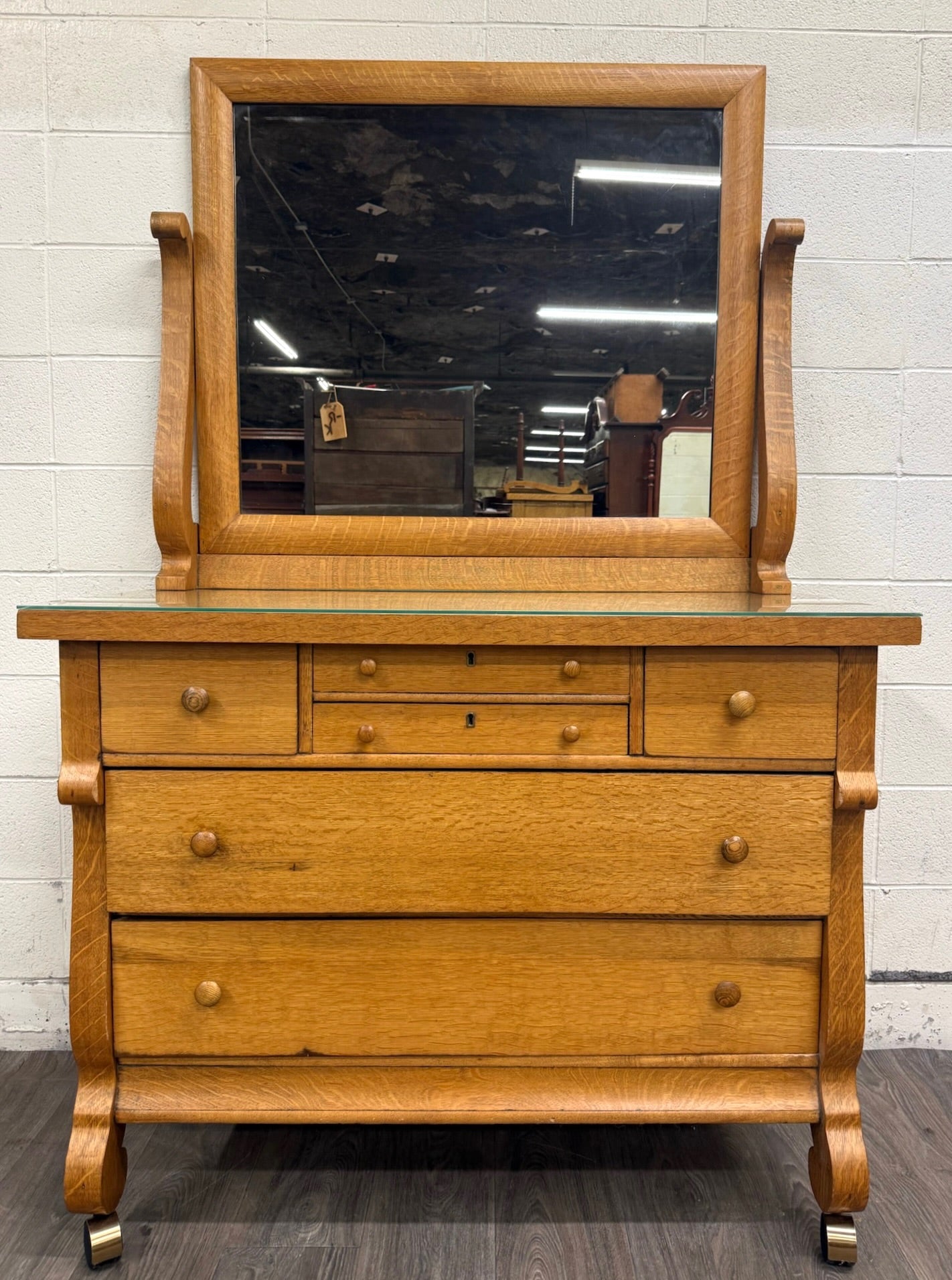 Antique American Empire Revival Oak Lowboy Dresser Chest of Drawers with Mirror