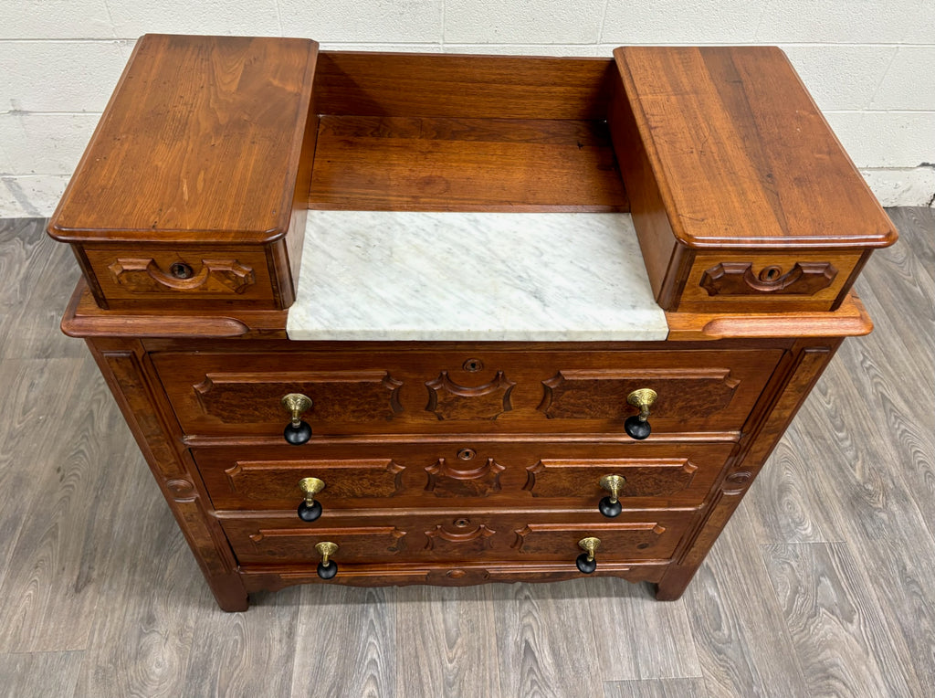 Antique Victorian Eastlake Burled Wood Marble Inlay Gentleman’s Dresser Commode