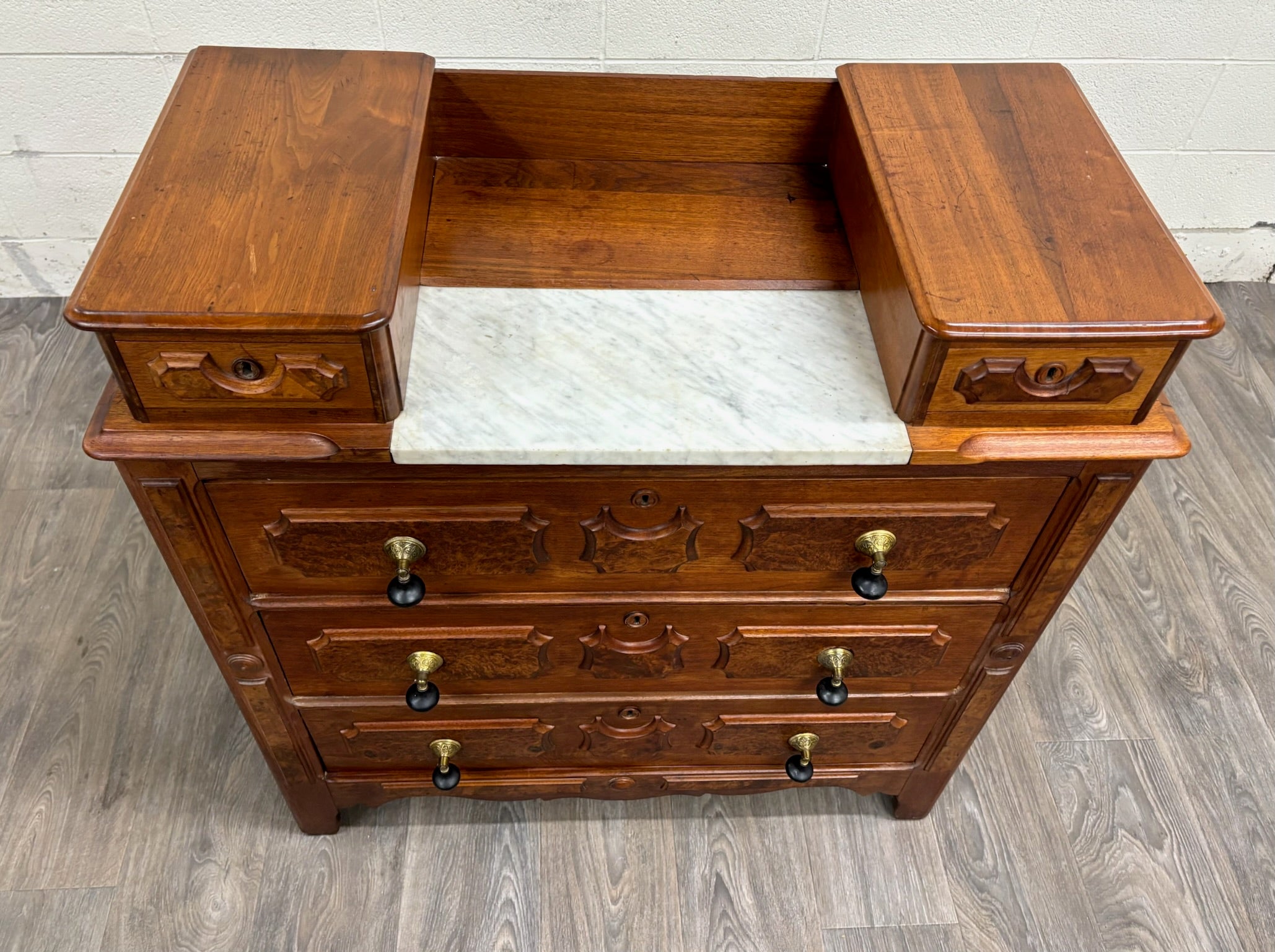 Antique Victorian Eastlake Burled Wood Marble Inlay Gentleman’s Dresser Commode