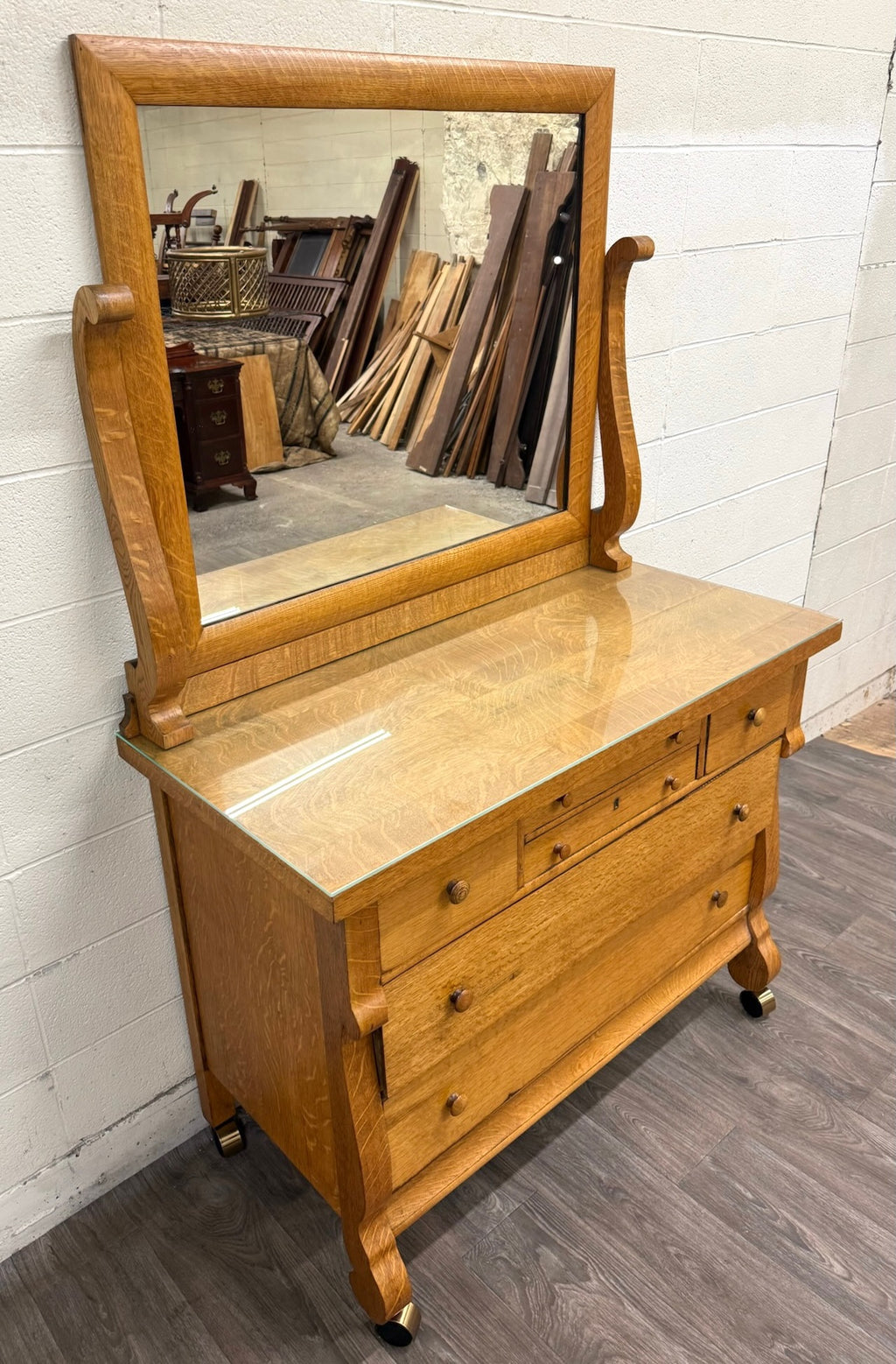Antique American Empire Revival Oak Lowboy Dresser Chest of Drawers with Mirror