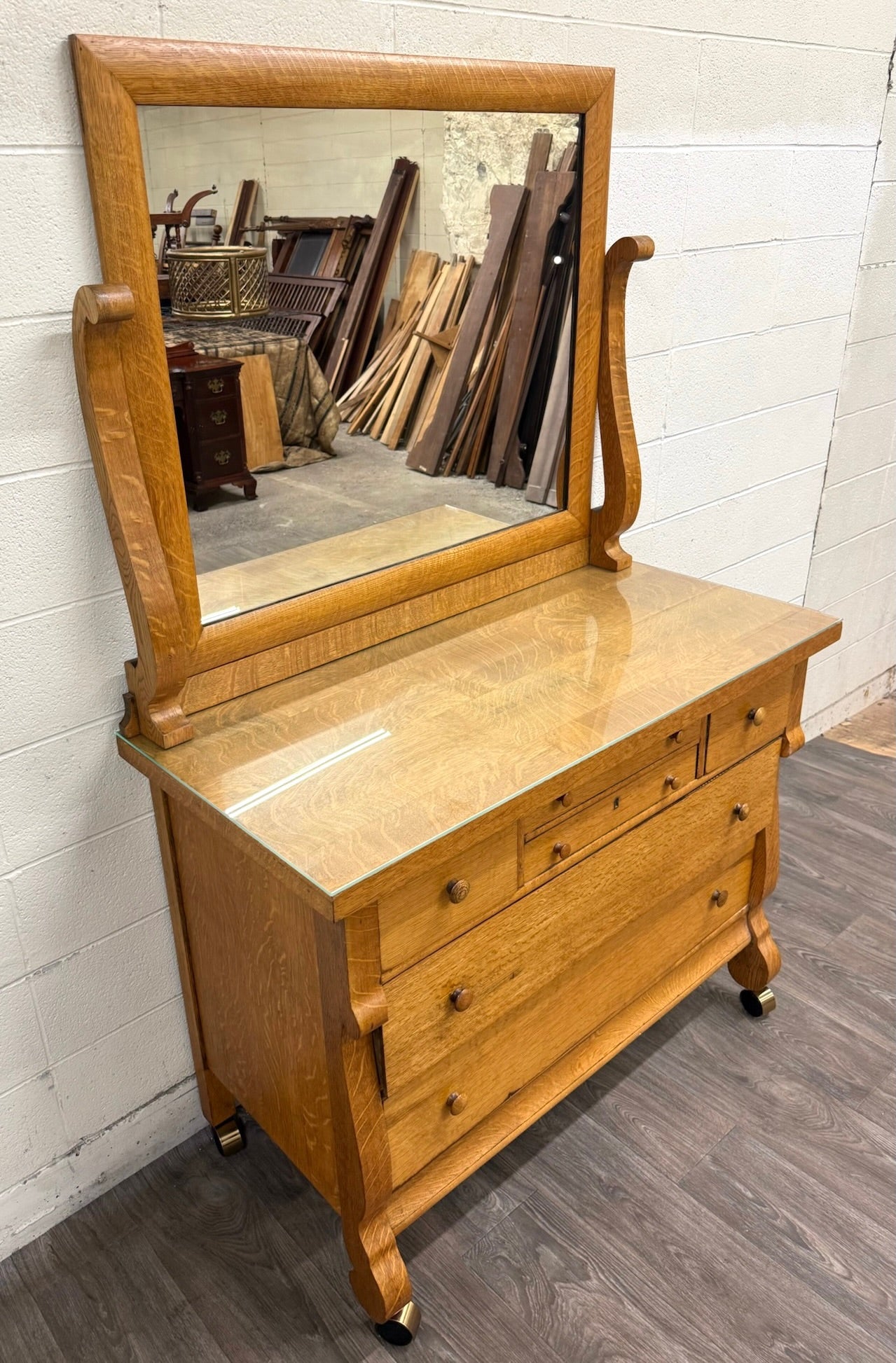 Antique American Empire Revival Oak Lowboy Dresser Chest of Drawers with Mirror