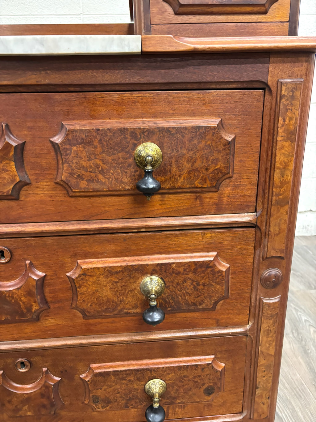 Antique Victorian Eastlake Burled Wood Marble Inlay Gentleman’s Dresser Commode