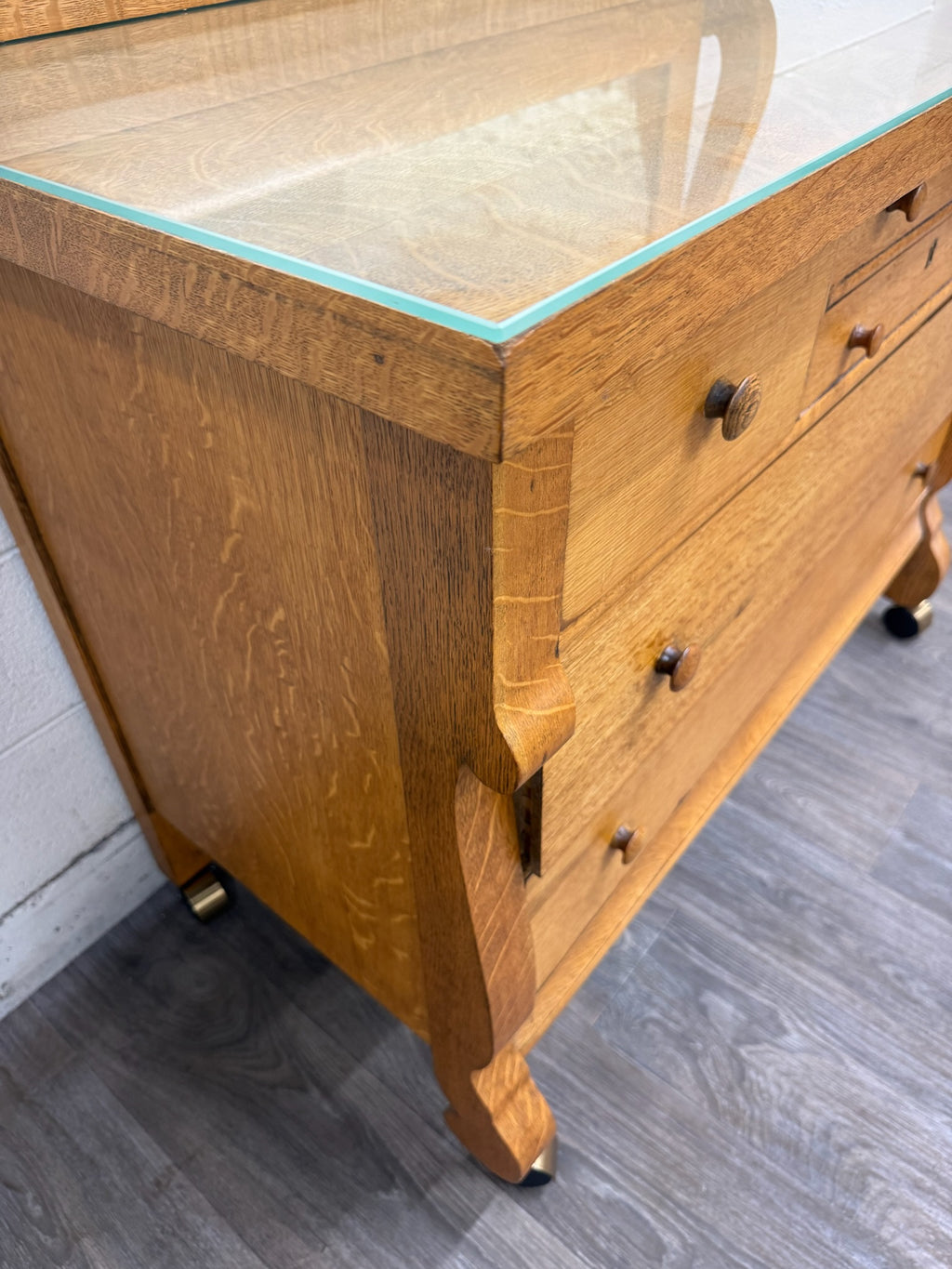 Antique American Empire Revival Oak Lowboy Dresser Chest of Drawers with Mirror