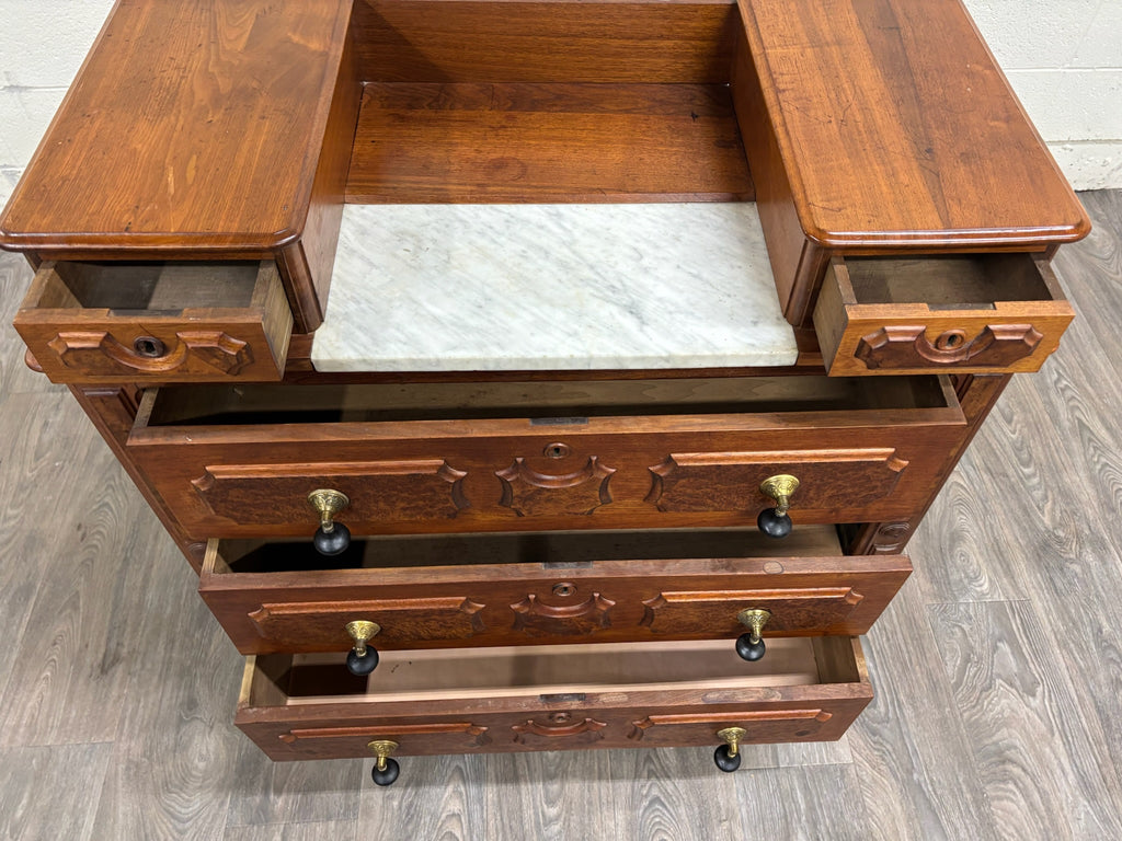 Antique Victorian Eastlake Burled Wood Marble Inlay Gentleman’s Dresser Commode