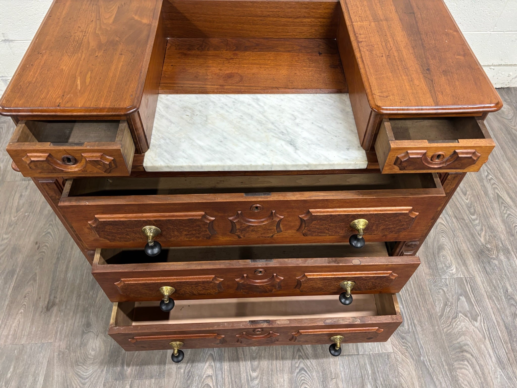 Antique Victorian Eastlake Burled Wood Marble Inlay Gentleman’s Dresser Commode