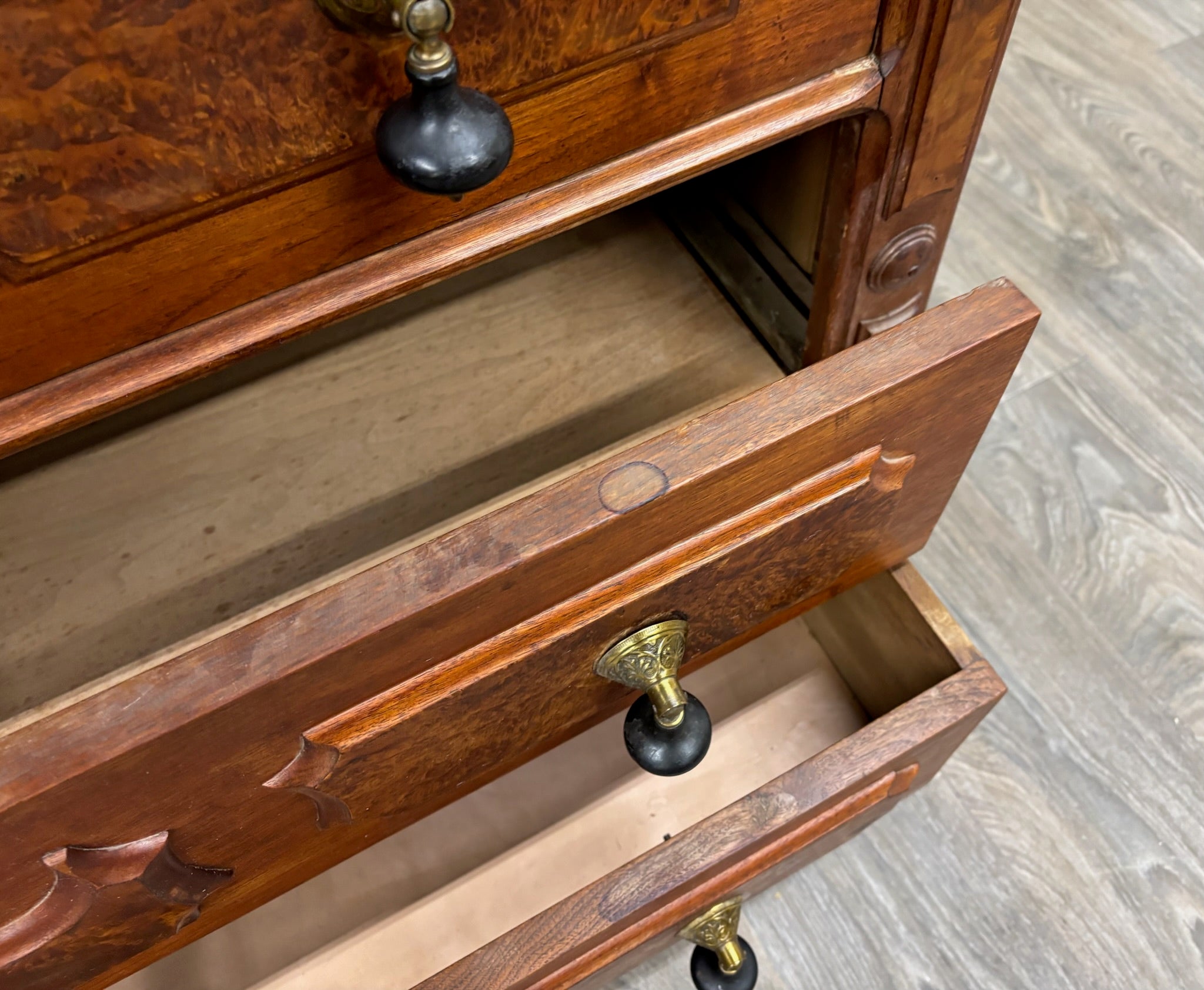 Antique Victorian Eastlake Burled Wood Marble Inlay Gentleman’s Dresser Commode