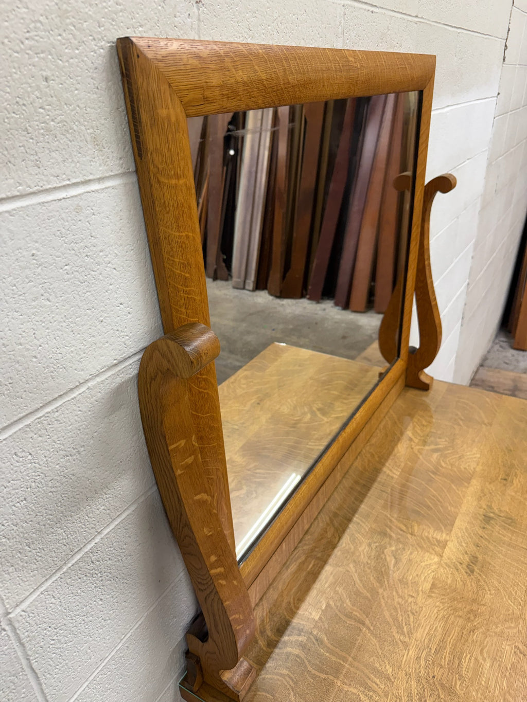 Antique American Empire Revival Oak Lowboy Dresser Chest of Drawers with Mirror