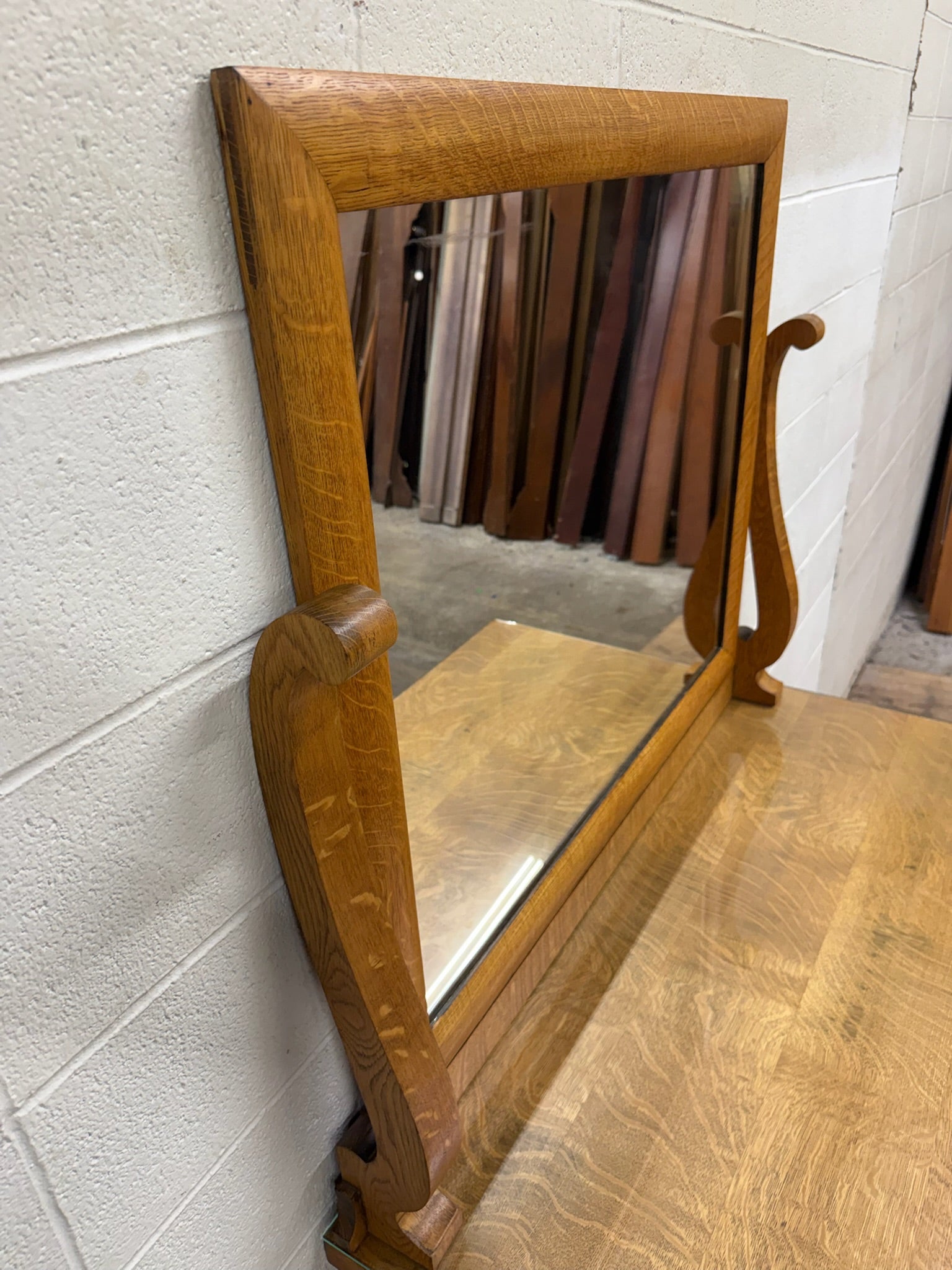 Antique American Empire Revival Oak Lowboy Dresser Chest of Drawers with Mirror