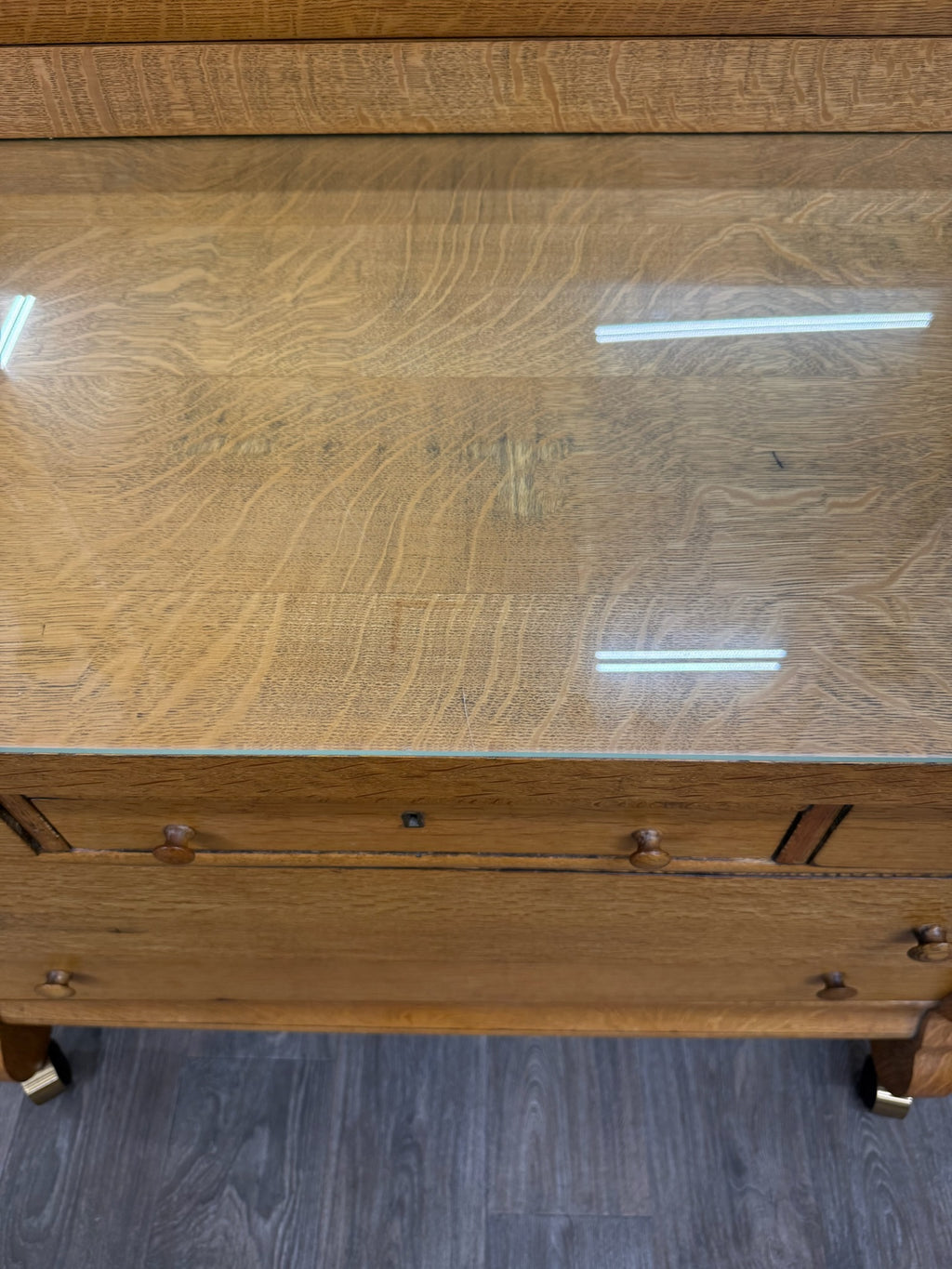 Antique American Empire Revival Oak Lowboy Dresser Chest of Drawers with Mirror