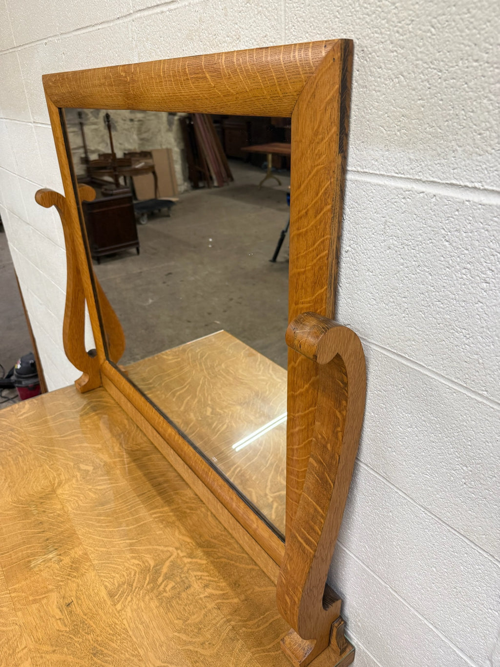 Antique American Empire Revival Oak Lowboy Dresser Chest of Drawers with Mirror