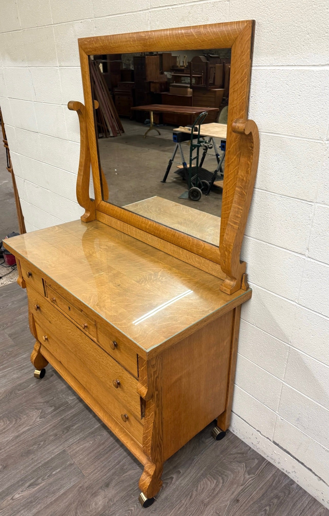 Antique American Empire Revival Oak Lowboy Dresser Chest of Drawers with Mirror