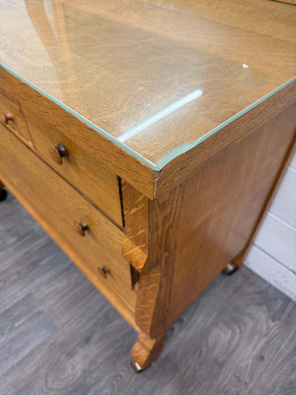 Antique American Empire Revival Oak Lowboy Dresser Chest of Drawers with Mirror