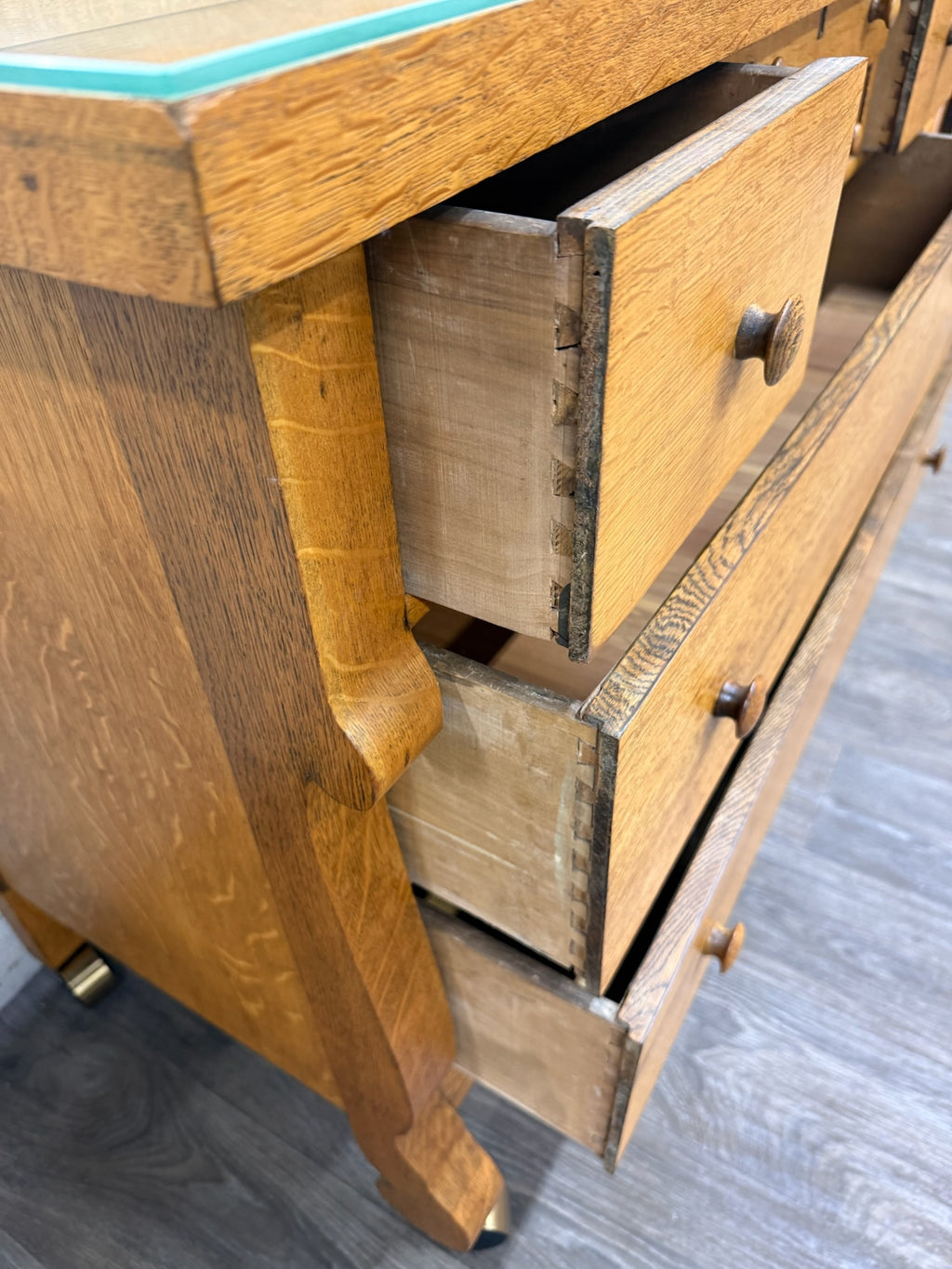 Antique American Empire Revival Oak Lowboy Dresser Chest of Drawers with Mirror