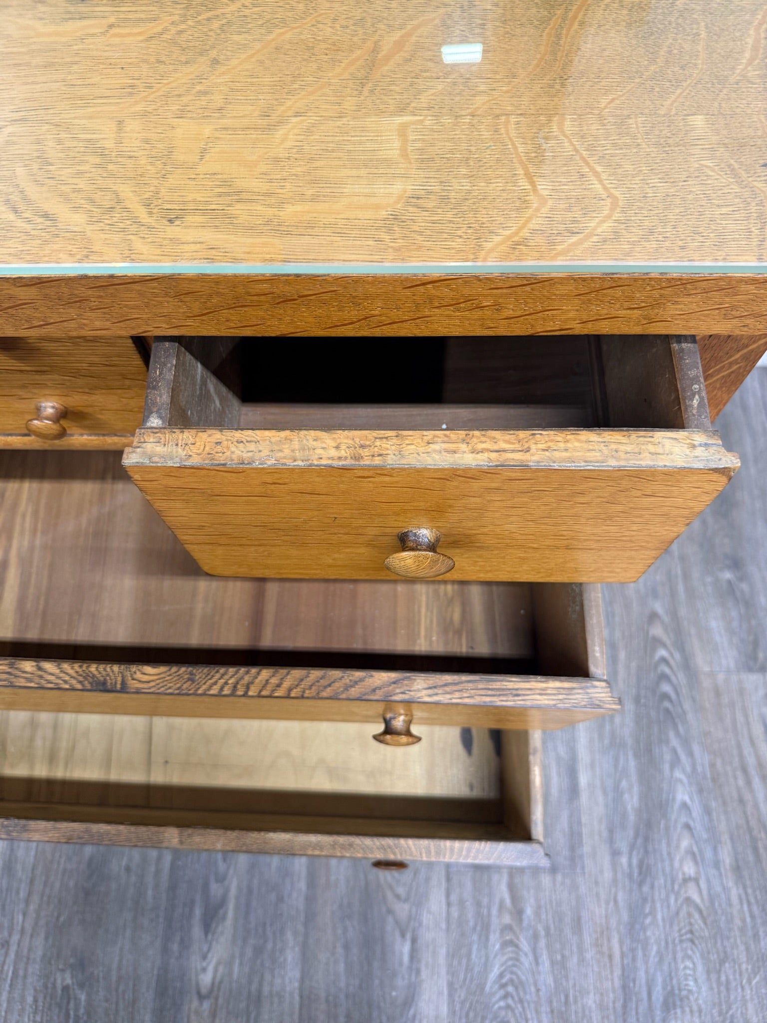 Antique American Empire Revival Oak Lowboy Dresser Chest of Drawers with Mirror