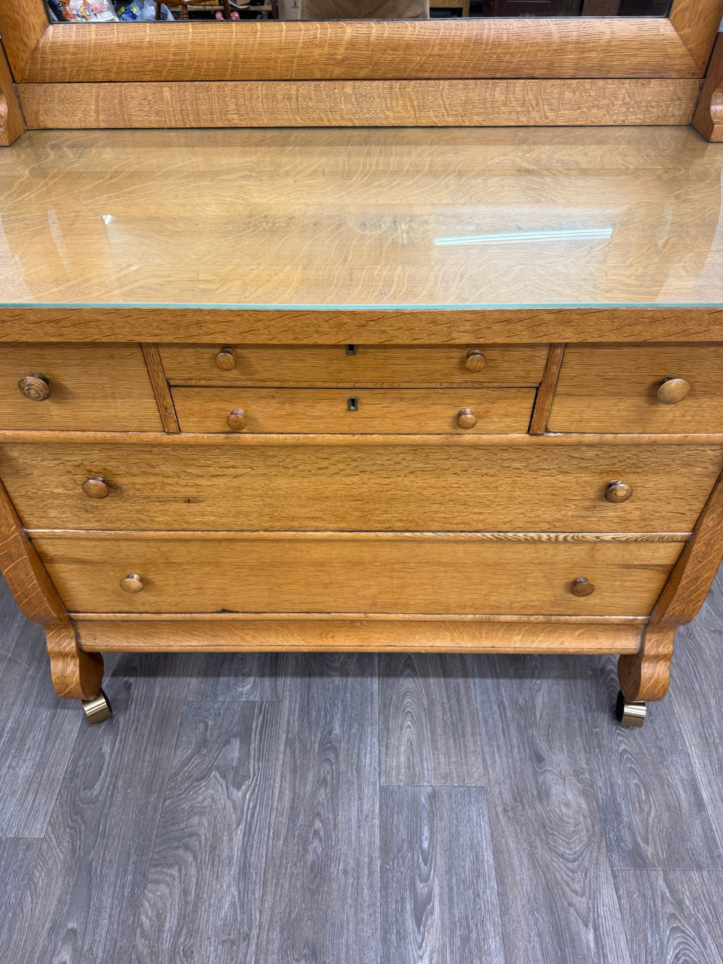 Antique American Empire Revival Oak Lowboy Dresser Chest of Drawers with Mirror