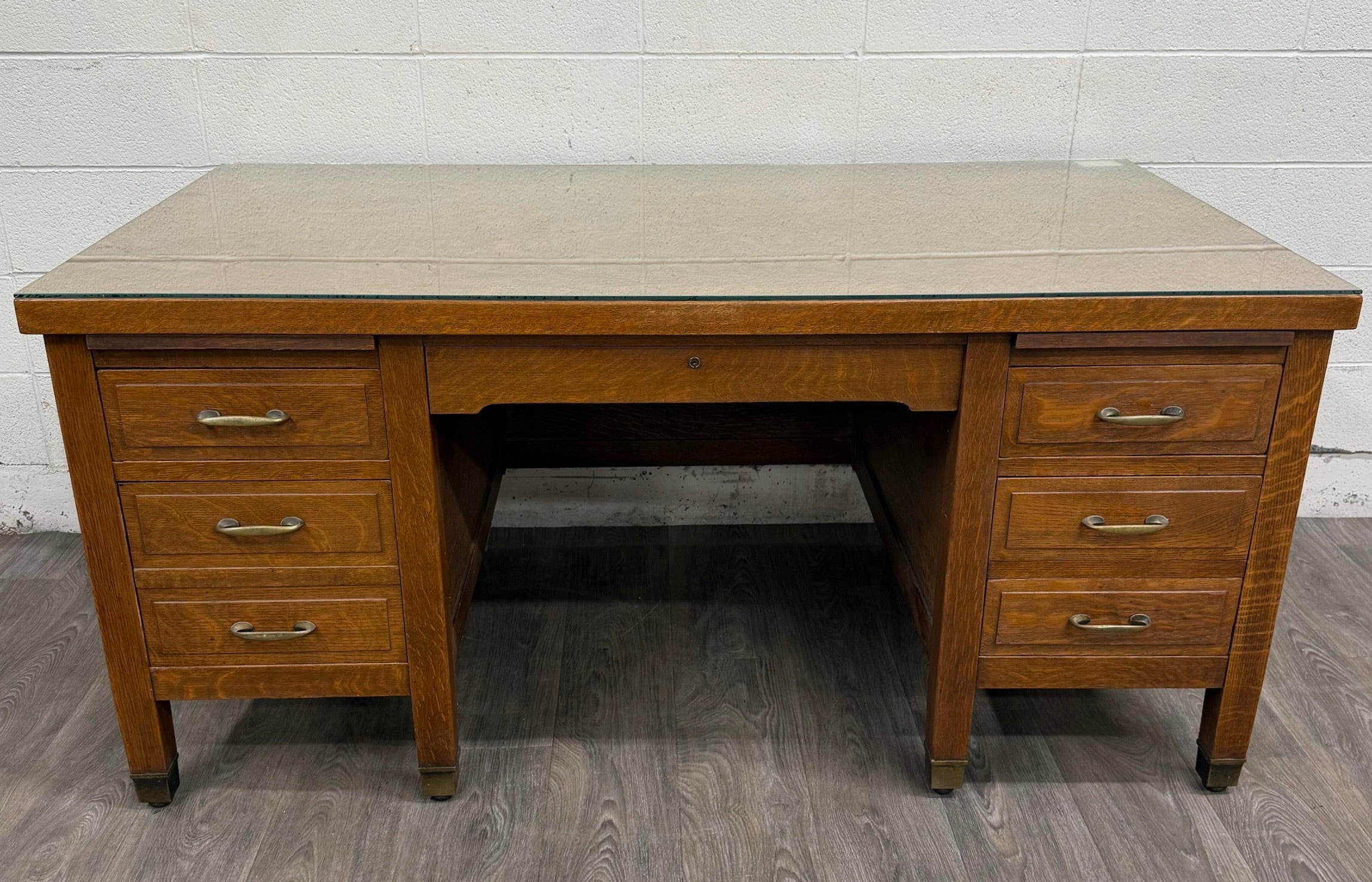 Antique American Arts & Crafts Mission Tiger Oak Executive Desk Partner Desk
