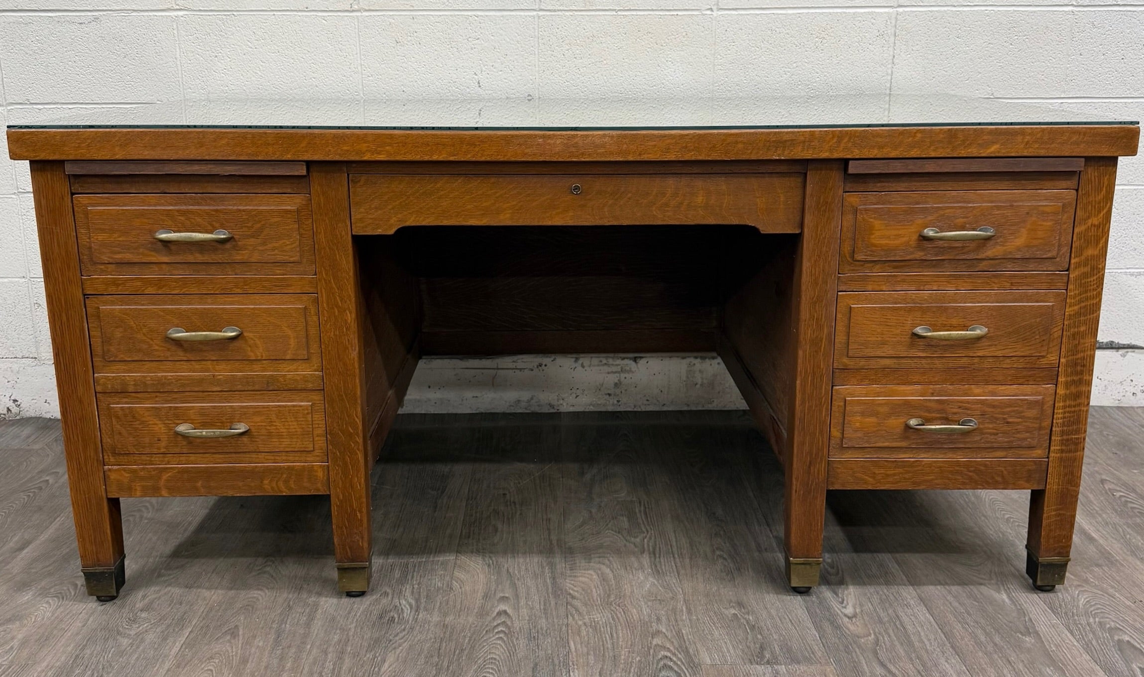 Antique American Arts & Crafts Mission Tiger Oak Executive Desk Partner Desk