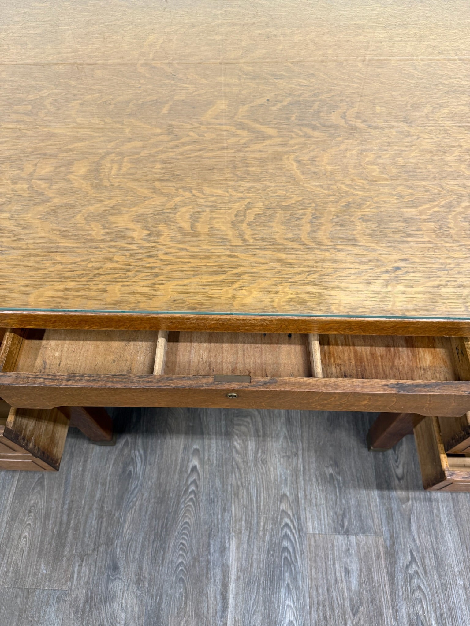 Antique American Arts & Crafts Mission Tiger Oak Executive Desk Partner Desk