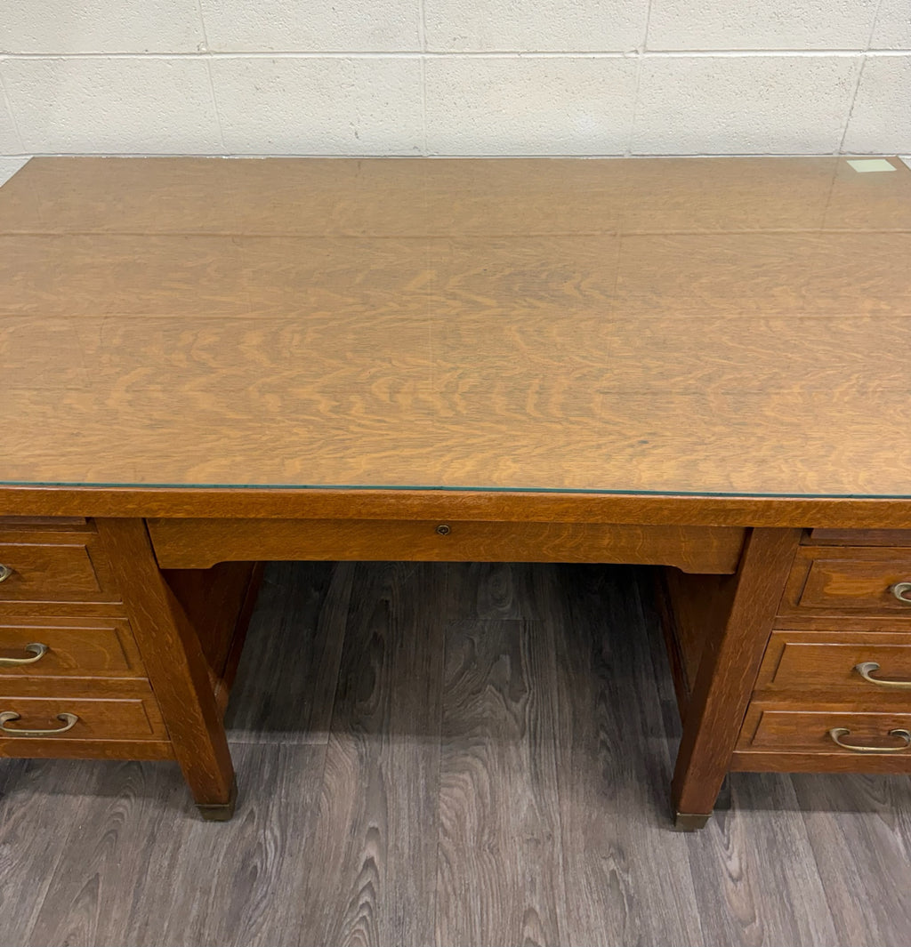 Antique American Arts & Crafts Mission Tiger Oak Executive Desk Partner Desk