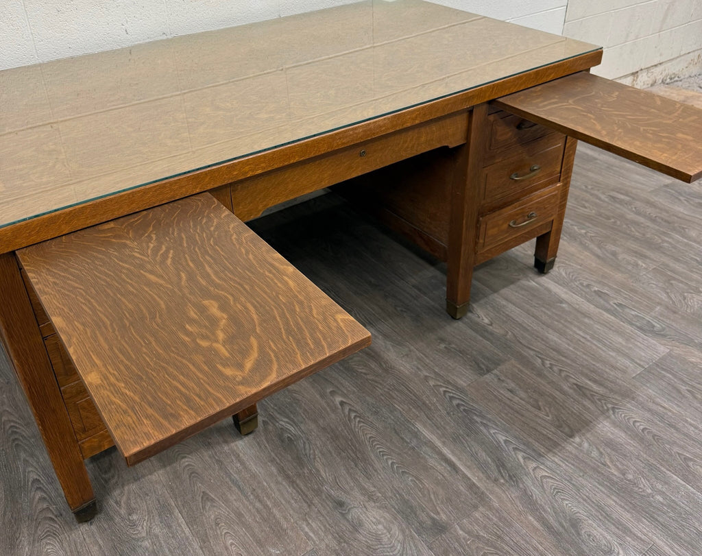 Antique American Arts & Crafts Mission Tiger Oak Executive Desk Partner Desk