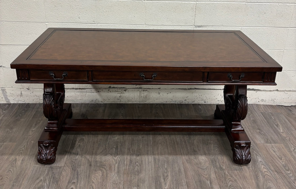 Vintage Empire Style Lyre Side Leather Top Writing Executive Library Desk