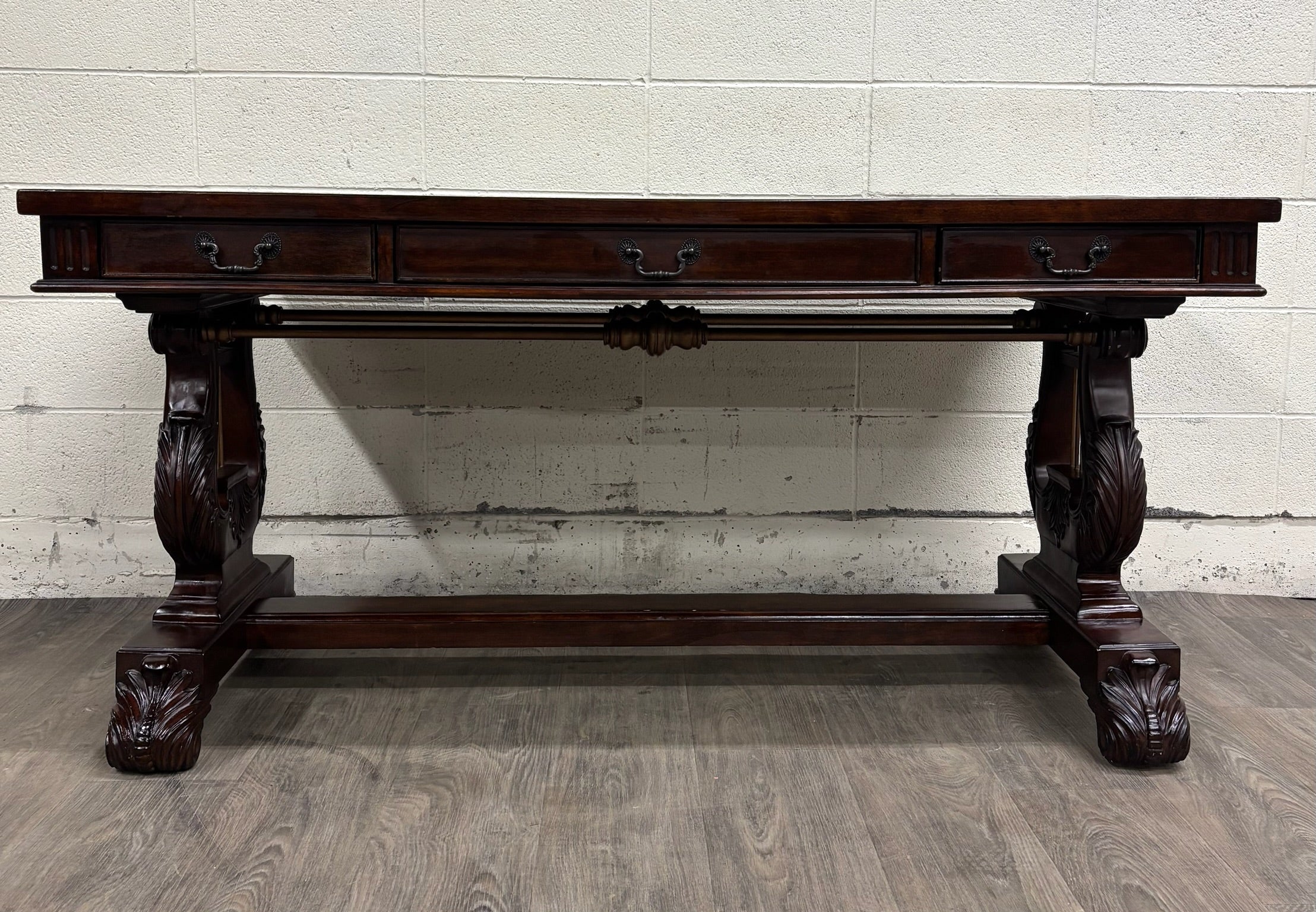 Vintage Empire Style Lyre Side Leather Top Writing Executive Library Desk