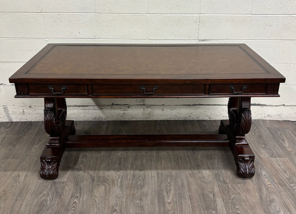 Vintage Empire Style Lyre Side Leather Top Writing Executive Library Desk