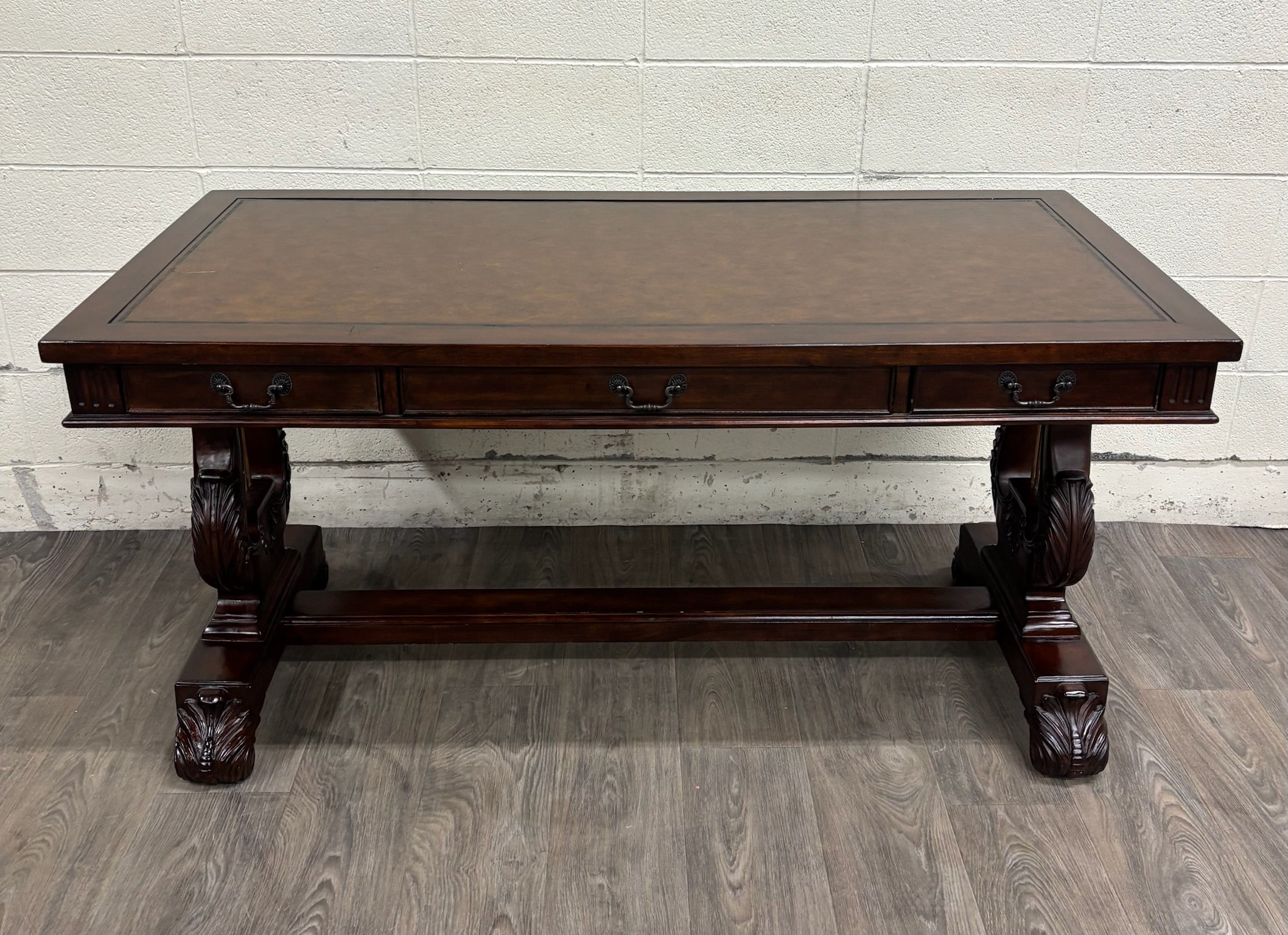 Vintage Empire Style Lyre Side Leather Top Writing Executive Library Desk