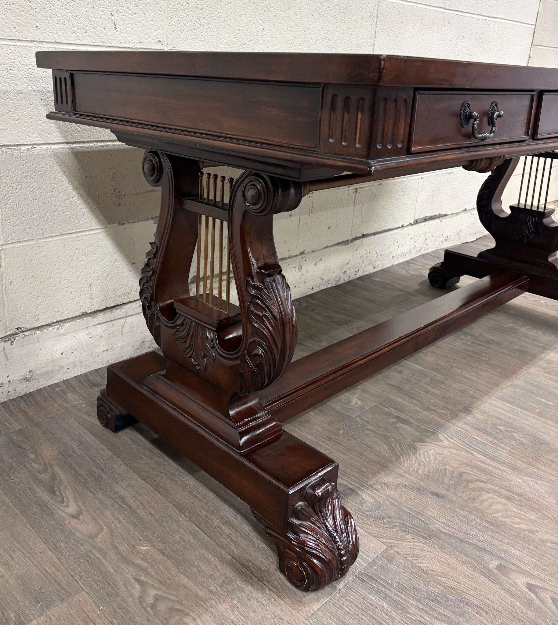 Vintage Empire Style Lyre Side Leather Top Writing Executive Library Desk