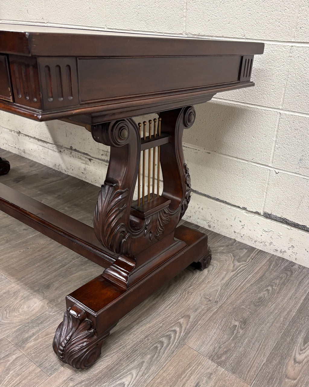 Vintage Empire Style Lyre Side Leather Top Writing Executive Library Desk