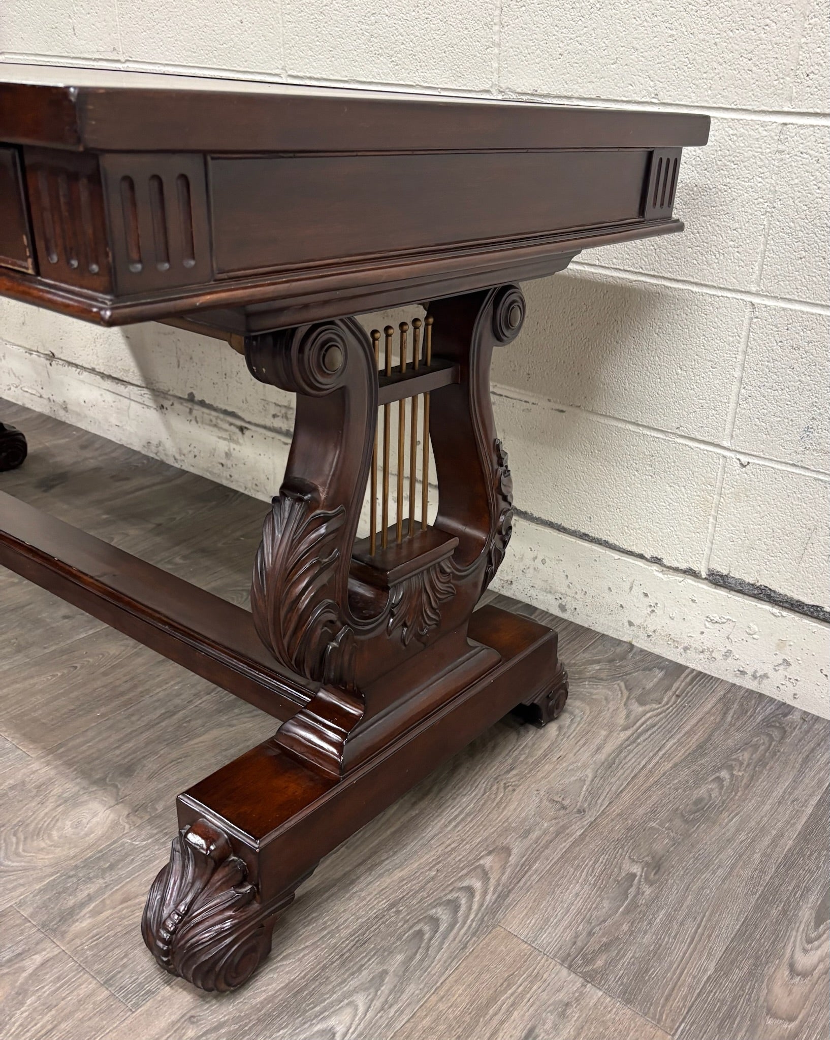 Vintage Empire Style Lyre Side Leather Top Writing Executive Library Desk