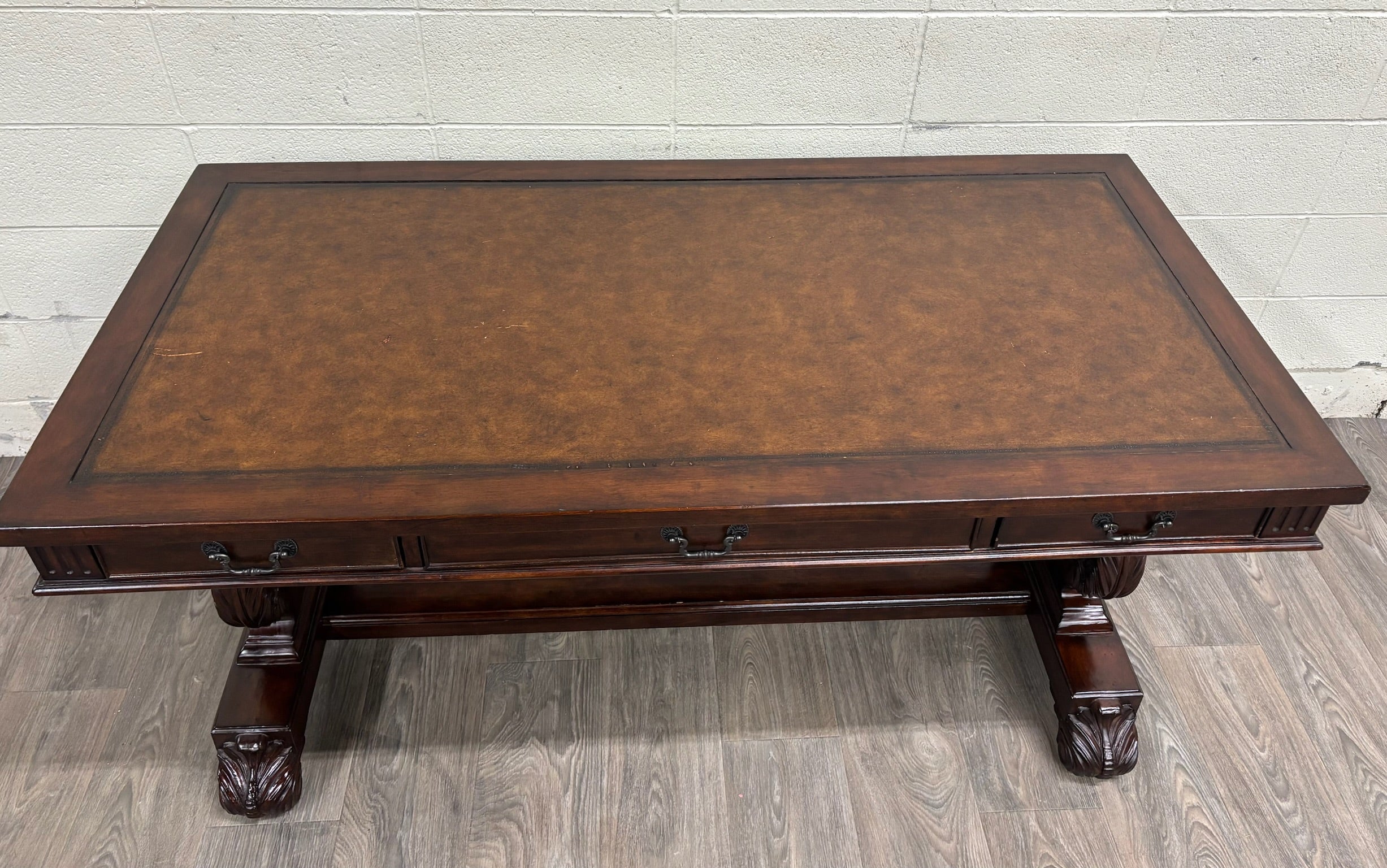 Vintage Empire Style Lyre Side Leather Top Writing Executive Library Desk