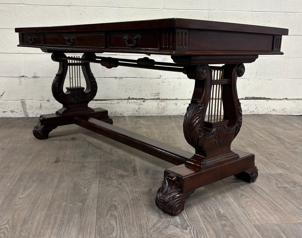 Vintage Empire Style Lyre Side Leather Top Writing Executive Library Desk