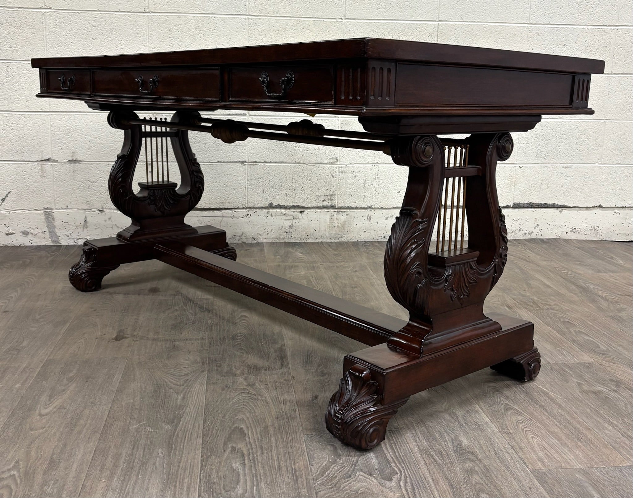 Vintage Empire Style Lyre Side Leather Top Writing Executive Library Desk